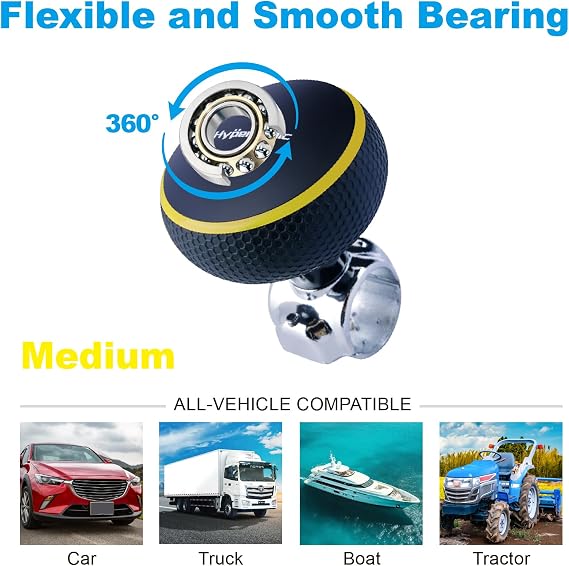 Hypersonic Steering Wheel Spinner Knob - Compatible with Standard Steering Wheels - Smooth Suicide Knob for Car, Tractor, Mower, Boat and Maneuver (Yellow)