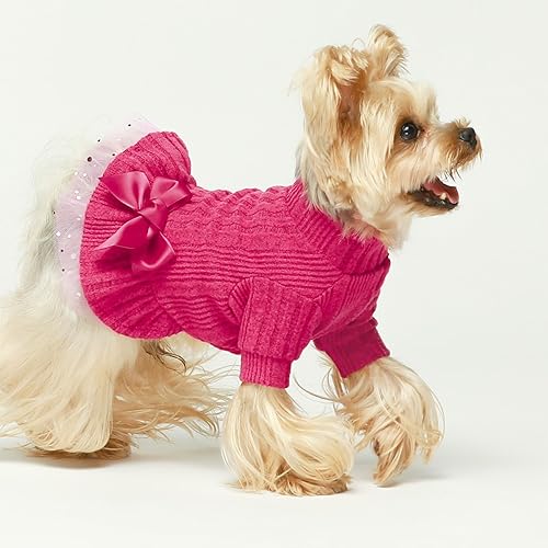 Miniatura 4 de Fitwarm Vestido de punto de tul para perro, ropa de invierno para perros pequeños y niñas, traje de gato y mascota, rosa intenso, talla L