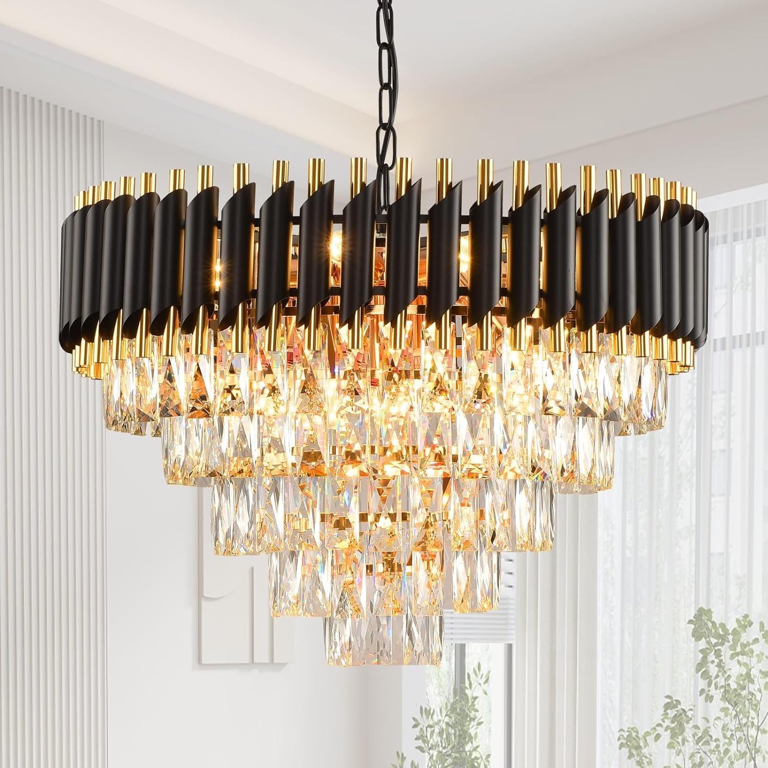 AYRIV Black Mamba Chandelier with Stainless Steel Tube Crystal Chandelier + 3 Color LED Light,Black Gold 600mm-image-6