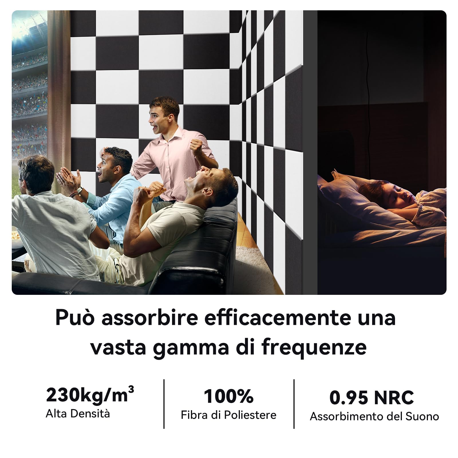 12 Pezzo Pannello Fonoassorbente Autoadesivi, 30*40*0.9cm Insonorizzazione Stanza, Copertura 1.44㎡, Alta Densità 230kg/m³, NRC 0.95, Pannelli Fonoassorbenti Decorativi per Pareti e Porte, Sala Giochi