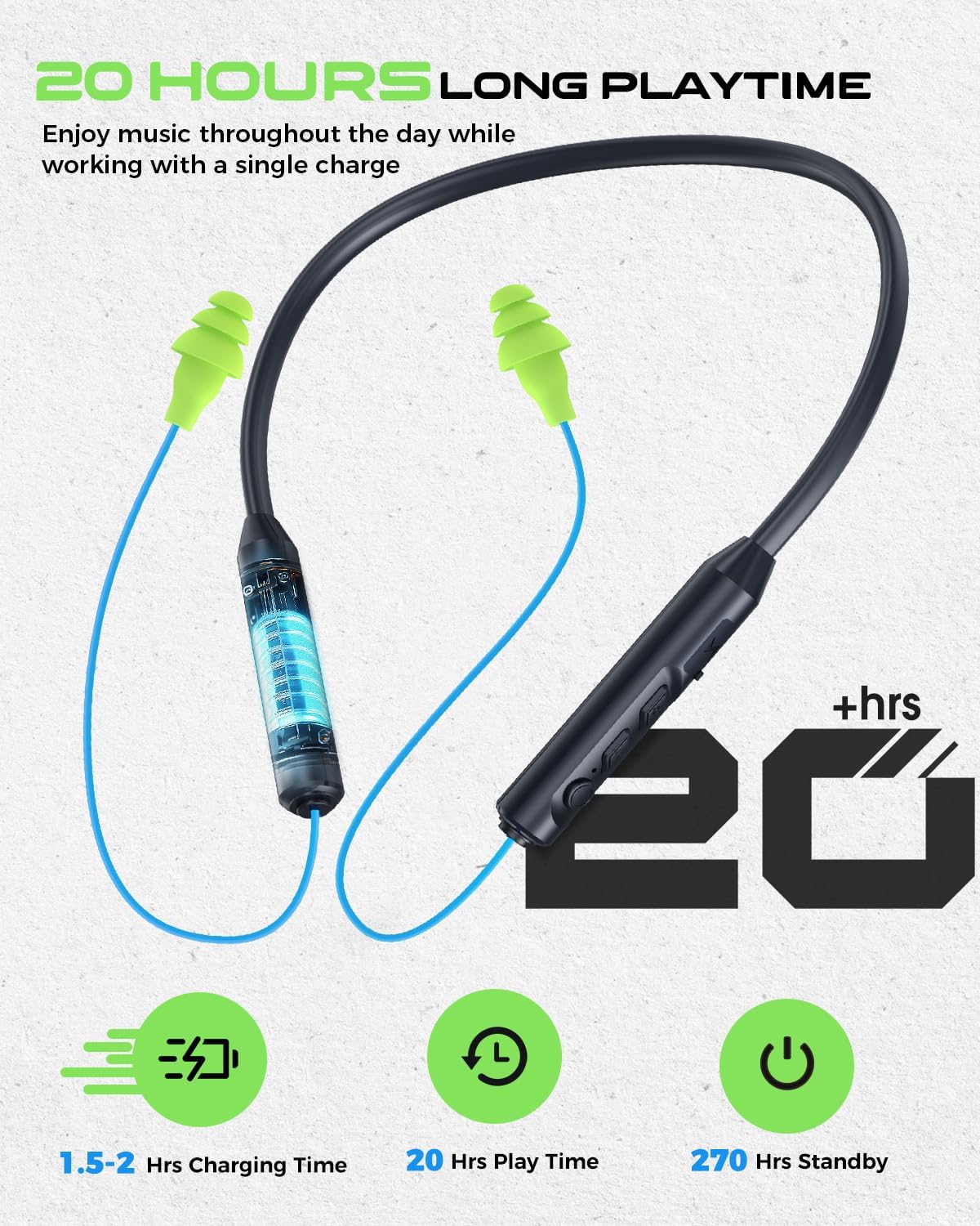 MIPEACE Bluetooth Earplug Headphones, Neckband Wireless Earbuds earplugs-29db Noise Reduction isolating in-Ear earplug Earphones with Controls,IPX6 sweatproof,20+Hour Battery(Blue Green) - Image 3