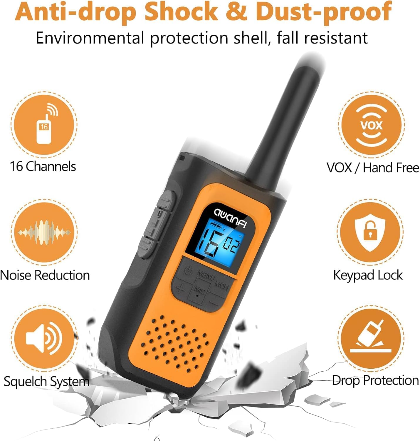 Diagram showing various features of the walkie-talkie including 16 Channels, VOX/Hand Free, Noise Reduction, Keypad Lock, Squelch System, and Drop Protection.