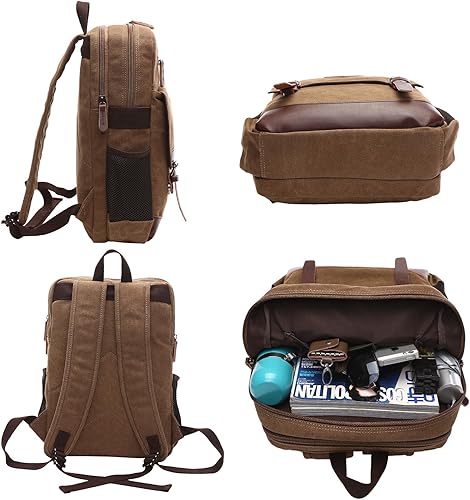Miniatura 5 de Mochila de lona vintage para hombres y mujeres, mochila casual de 15 pulgadas, mochila para laptop, viajes, senderismo, campamento (marrón)