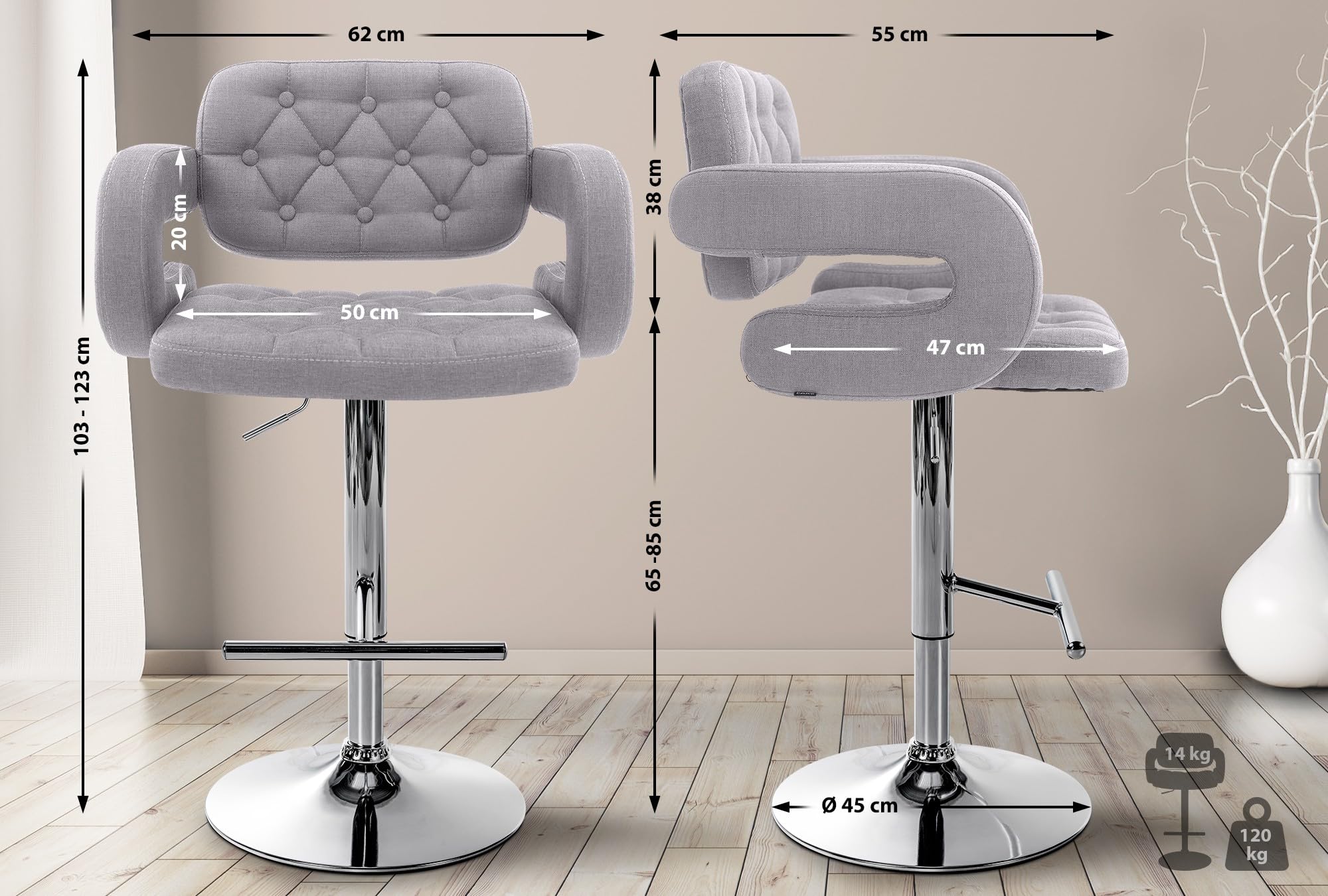 CLP Tabouret De Bar Dublin en Tissu I Chaise De Bar Réglable en Hauteur I Style Chesterfield I Chaise Haute avec Accoudoirs | Couleur Gris Couleur du Cadre Chrome