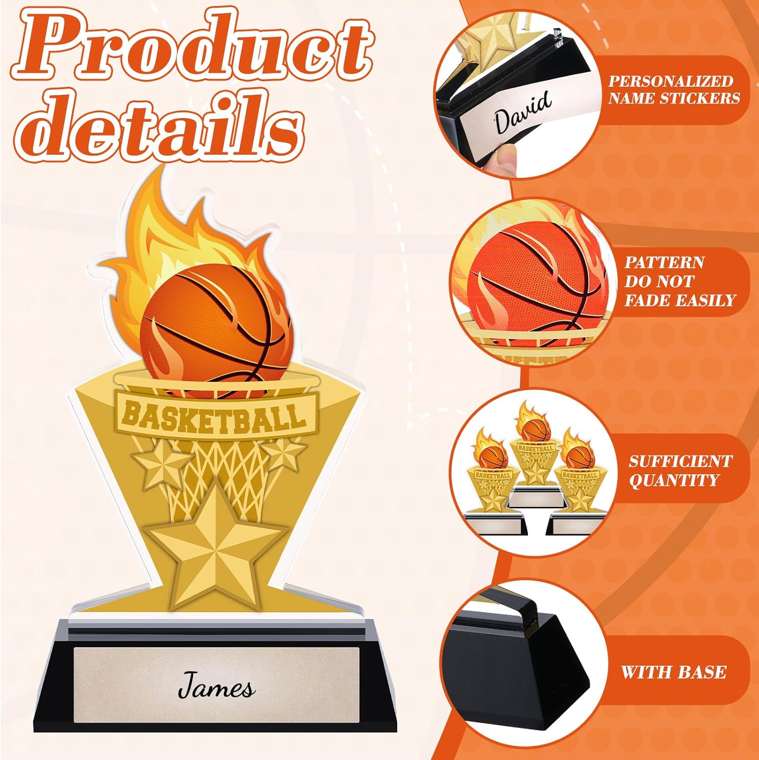 Gerrii Acrylic Trophies Awards with DIY Name Stickers Pack of 3 Champion Trophy Medals Team Reward Gift for Basketball Softball Baseball Competition Contest Tournament, 5.8/6.14/6.38inch