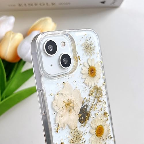 Miniatura 5 de Funda transparente para iPhone 13 MiniiPhone 12 Mini con diseño de flores reales prensadas, con purpurina, bonito patrón floral blanco, delgada,