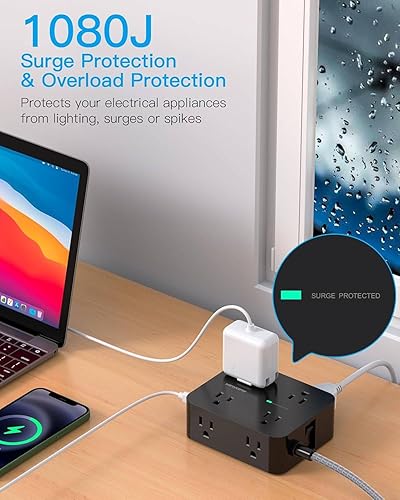 Vista 16 de HANYCONY - Cable protector de sobretensiones de 10 pies, cable de extensión con 2 puertos USB C, extensor de salida múltiple con enchufe plano