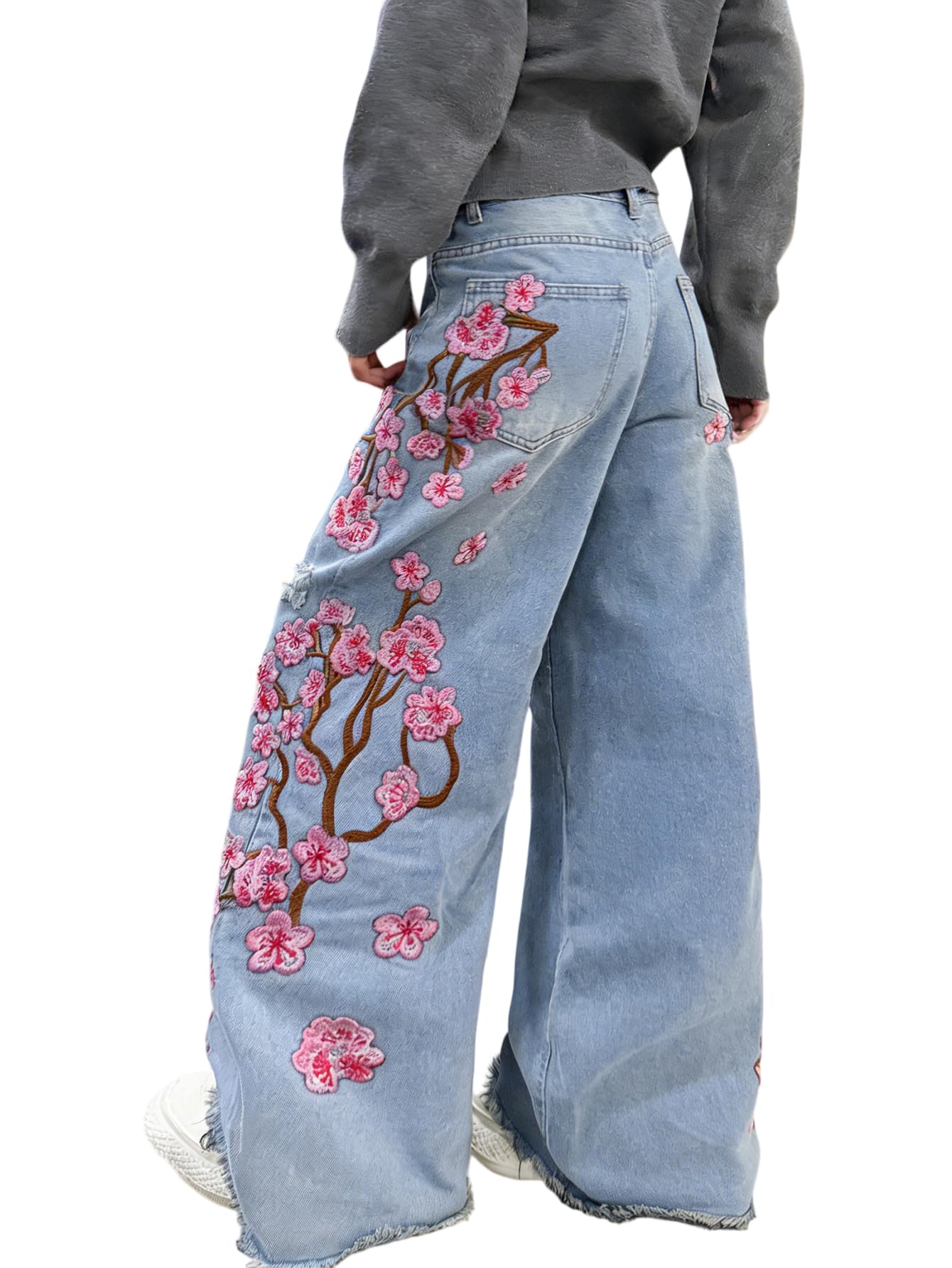 Jeans larghi da donna, ricamati, alla moda, stile hip hop, a gamba larga, alla moda, skater, vestibilità larga, streetwear
