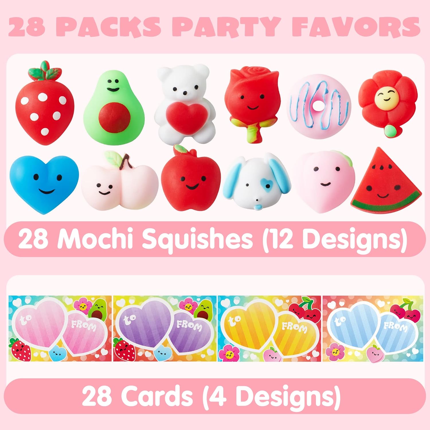 JOYIN 28 Packs Valentines Day Gift Cards with Mochi Squishy Toys, Kawaii Mochi Squishy Toy to Squeeze Stress Relief Fidget Toy for Kids Valentine Party Favor Classroom Exchange Prizes
