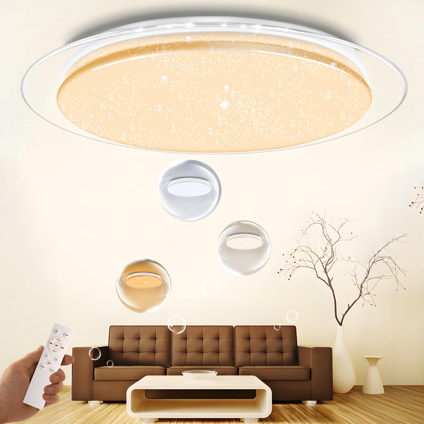 chysongoods-XY LED Music Ceiling Light with Bluetooth Speaker Φ40cm 40W Voice and APP Control Compatible with Alexa/Google Home RGB Color Changing Dimmable Color Adjustment with Remote Control