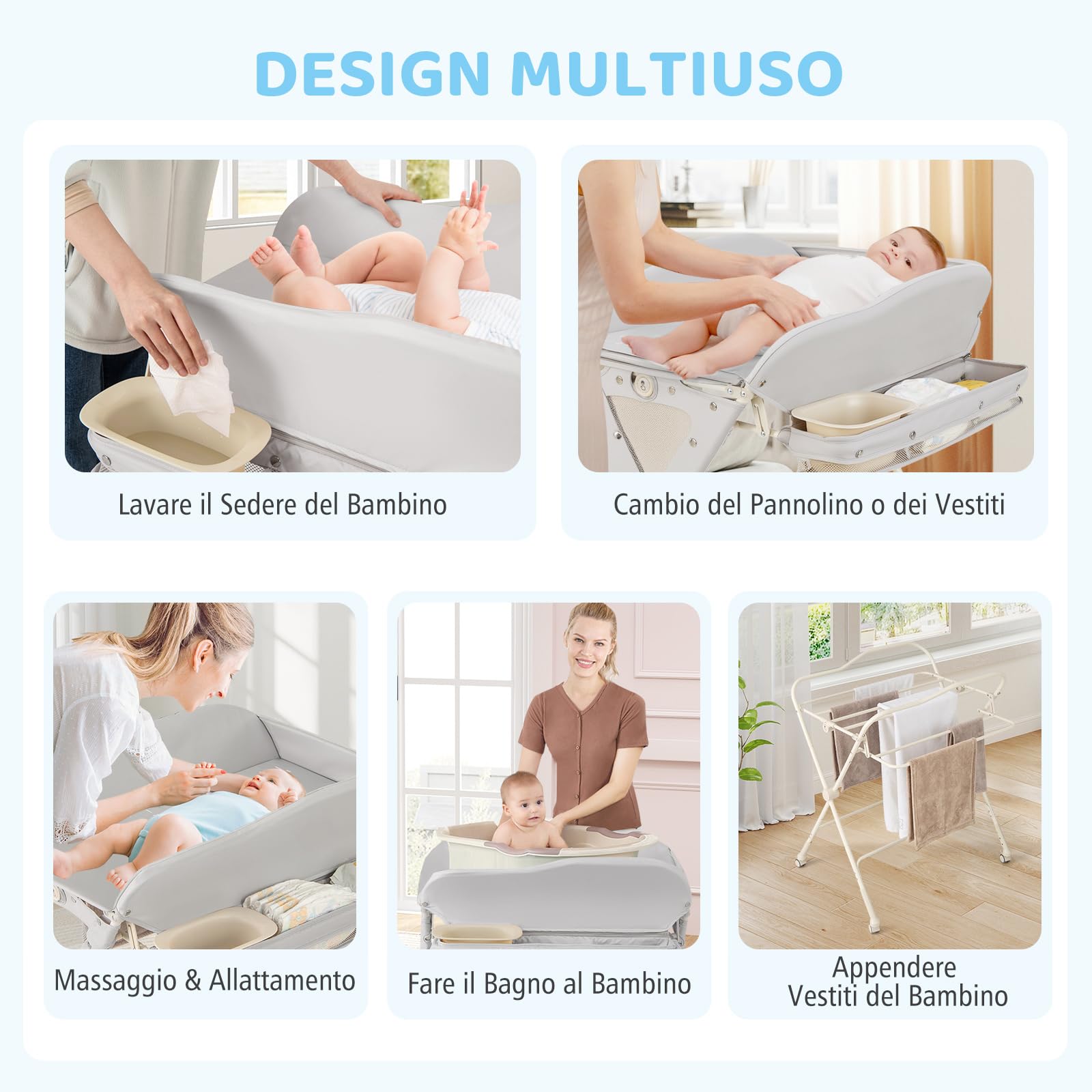 Costway Fasciatoio Pieghevole Neonato Portatile con Altezza Regolabile 3 Livelli, Grigio