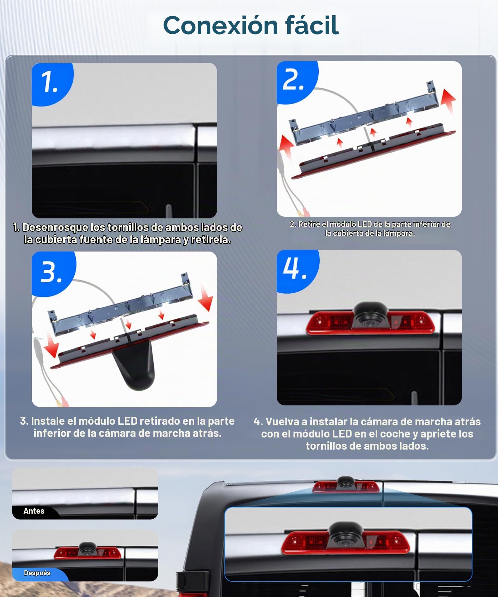 Hodozzy Cámara de Visión Trasera para Citroen Jumpy/Peugeot Expert/Toyota Proace/Fiat Scudo 2007-2016, Cámara para Tercera Luz de Freno, Visión Nocturna por IR, con Línea de Marcha Atrás