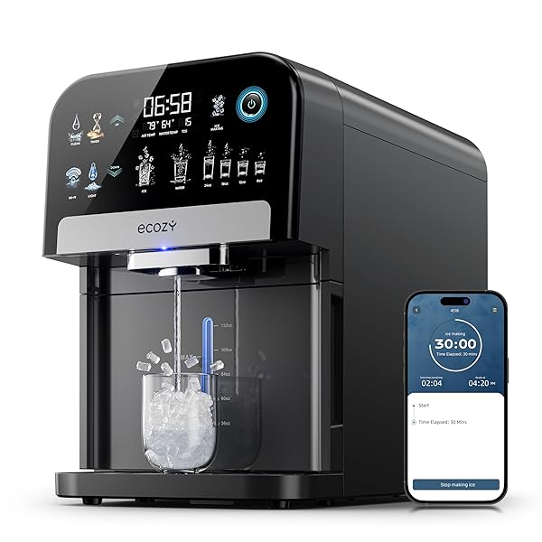ecozy Nugget Ice Maker Dispenser, Smart 2-in-1 Pebble Ice Machine Countertop & Water Dispenser with App Control, Self-Cleaning, Auto Lighting, TDS Monitor, Measured Dispensing, 33Lbs/Day