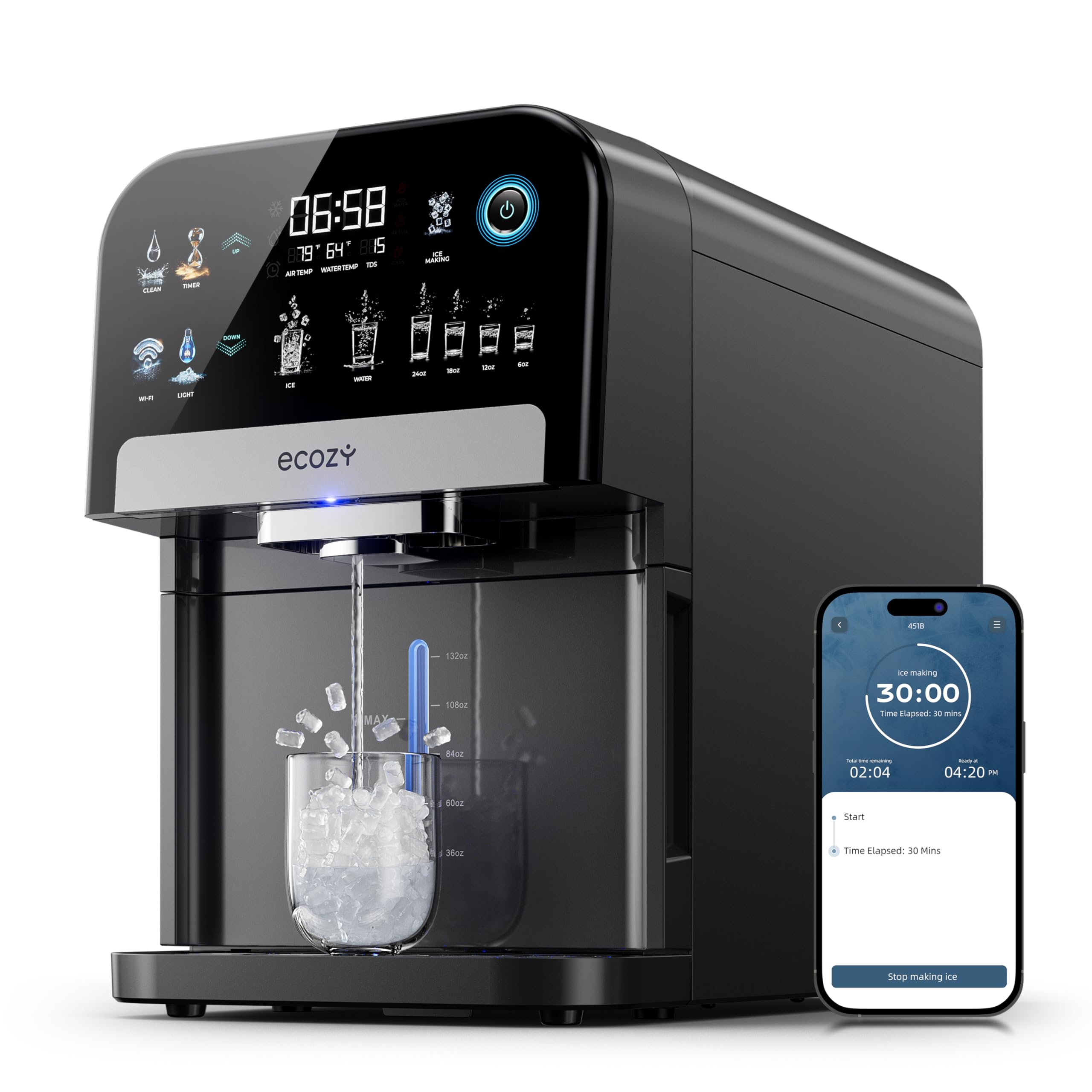 ecozy Nugget Ice Maker Dispenser, Smart 2-in-1 Pebble Ice Machine Countertop & Water Dispenser with App Control, Self-Cleaning, Auto Lighting, TDS Monitor, Measured Dispensing, 33Lbs/Day
