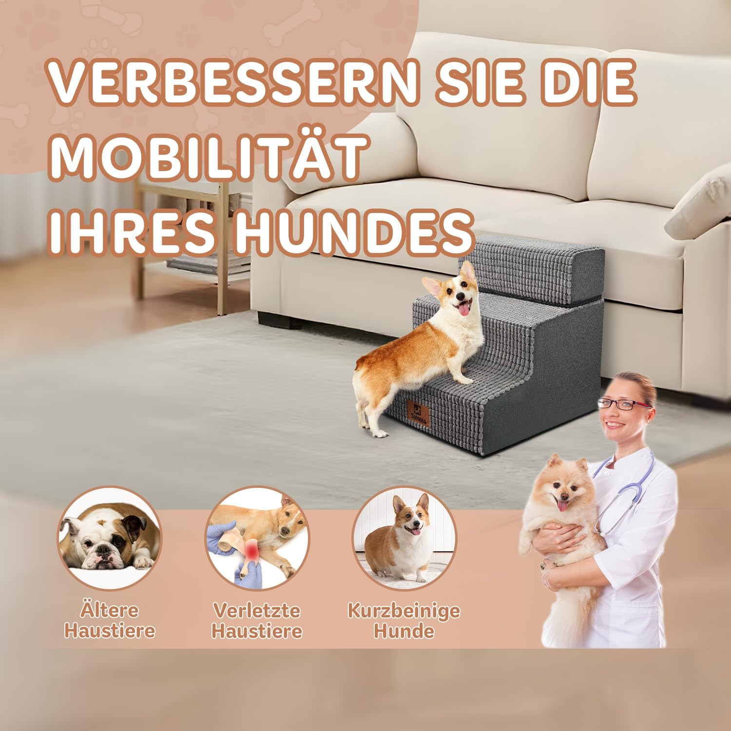 Sytopia Hundetreppe 3 Stufen, 34 cm hoch, Katzentreppe für Bett und Sofa, bis 30 kg, Haustiertreppe für kleine Hunde und Katzen, 30D Schaumstoff, rutschfest, waschbarer Cordbezug, Grau