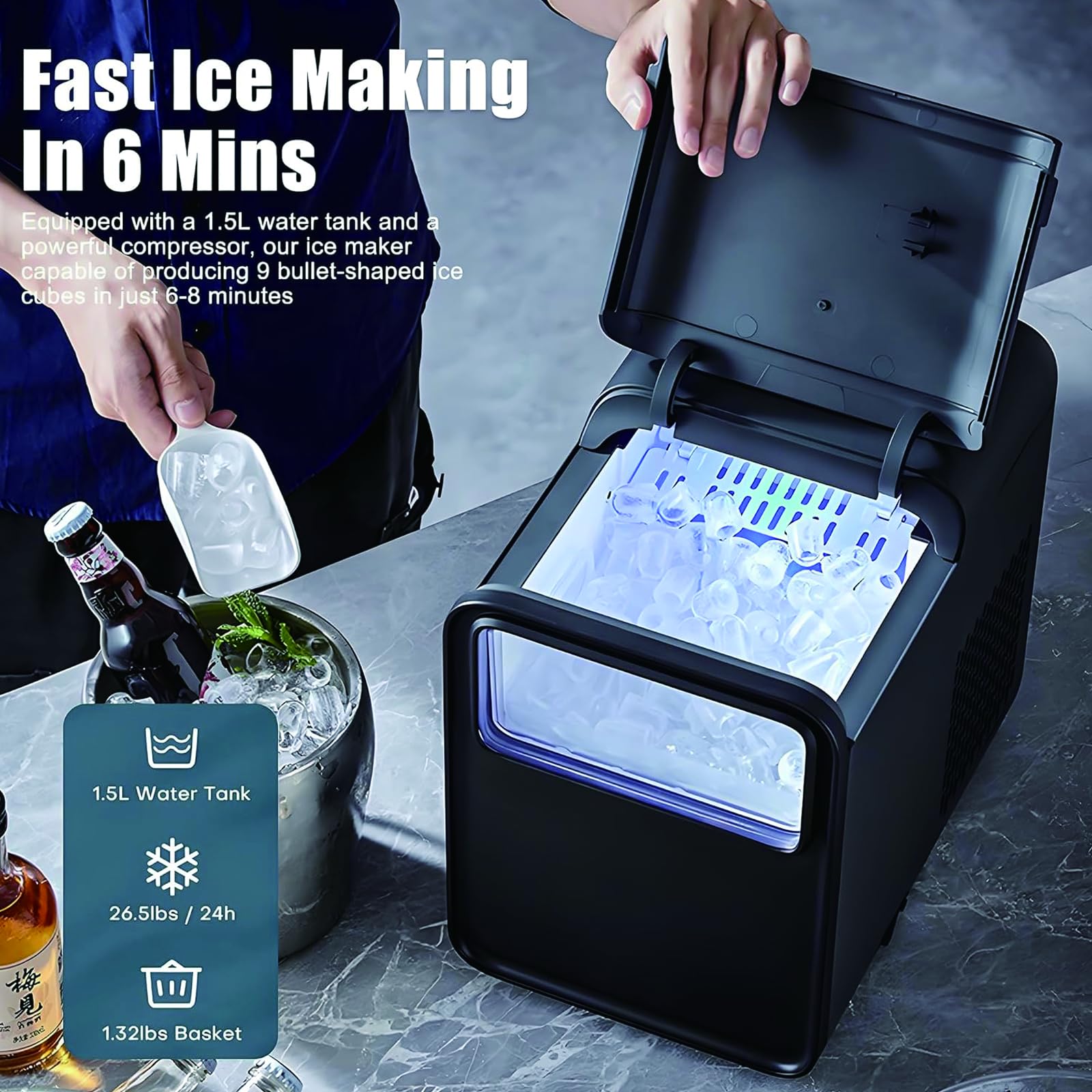 Fabricante de Hielo portátil de Nugget, 12kg de Salida Diaria, Listo en 6 Minutos, máquina de encimera Auto-linejante con Tanque 1.5L, Ventana Clara, Fiestas de Bar de Oficina en casa