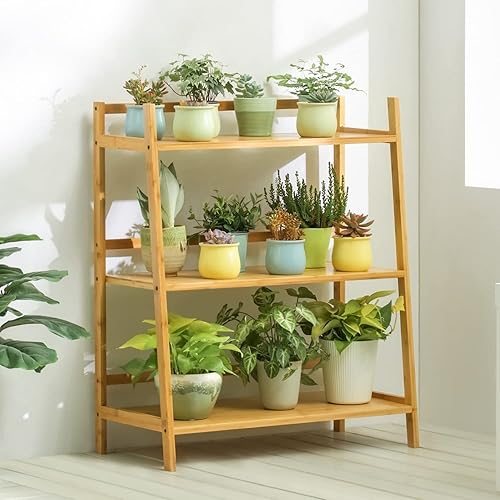 Miniatura 2 de MoNiBloom Estante de escalera para libro de flores, bambú de 3 niveles, organizador de almacenamiento trapezoidal para sala de estar, balcón,