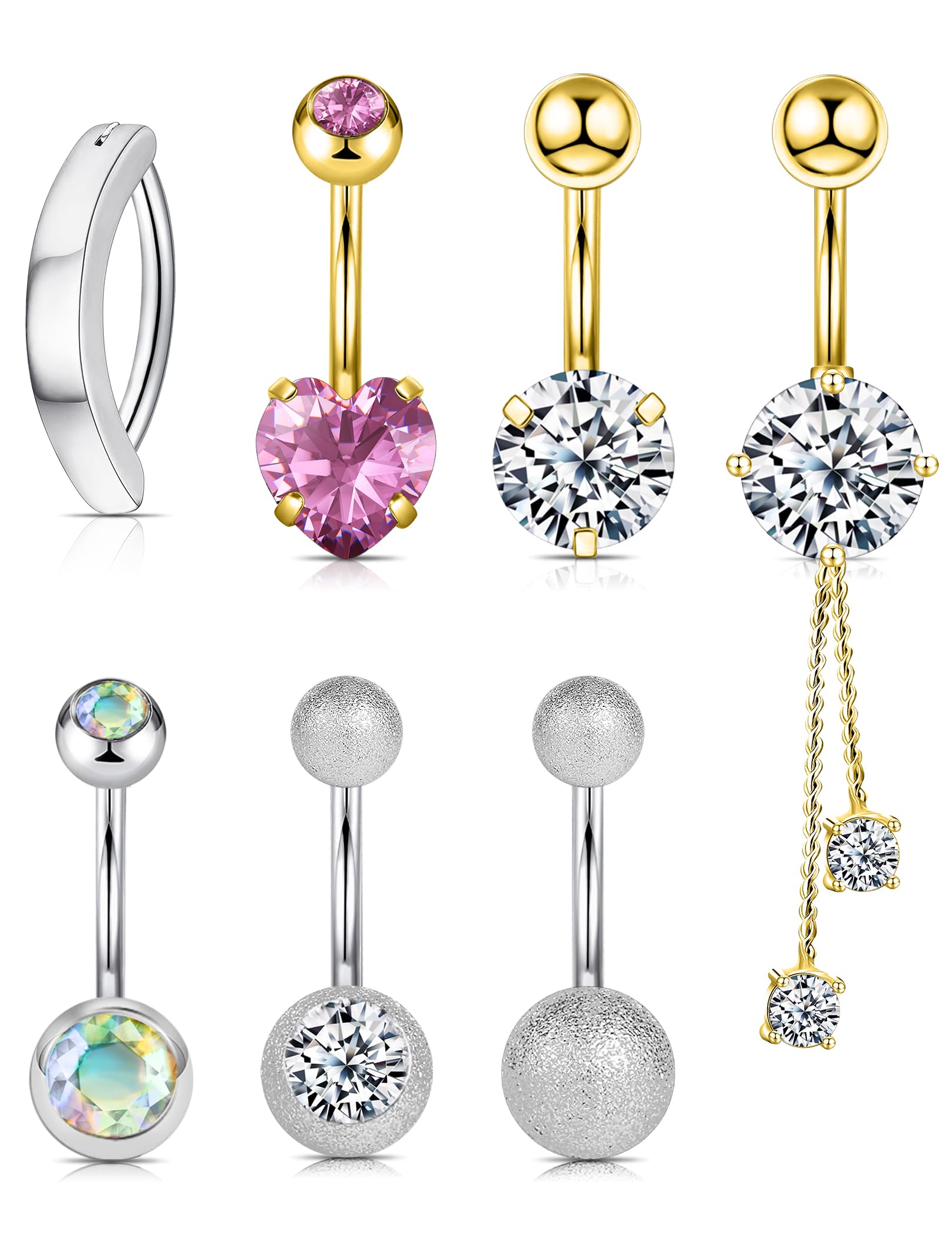 Wssxc 14G Hypoallergenic Surgical Steel Belly Button Ring Cubic Zirconia Belly Button Barbs Body Piercing Set 7Pcs