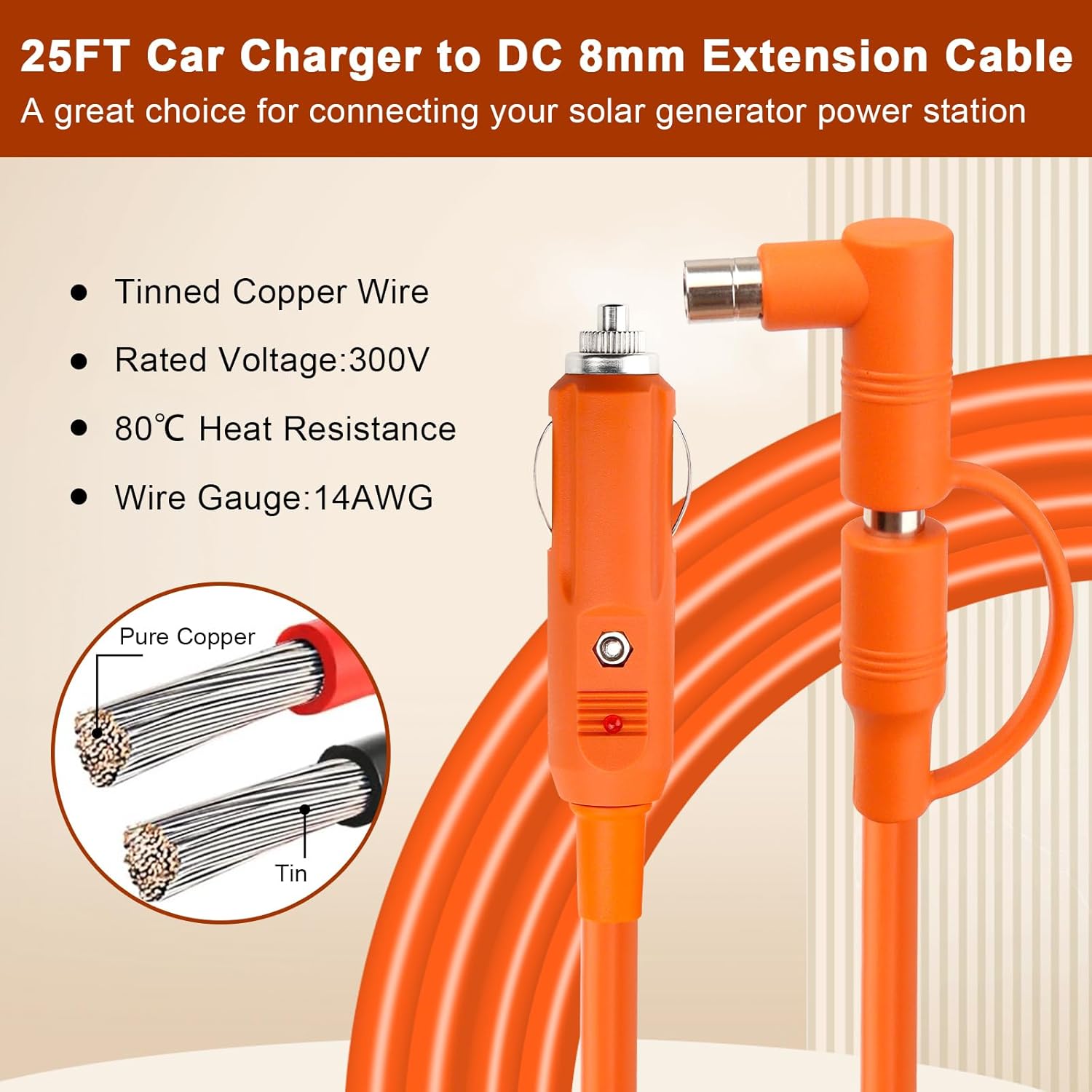 25FT 14AWG Car Charging Cable for Jackery Portable Power Station Explorer 3000 2000 1500 1000 880 550 500 300 290 240 160,DC 8mm Car Cigarette Lighter Charger Cable 15A with DC7909/8020 Plug