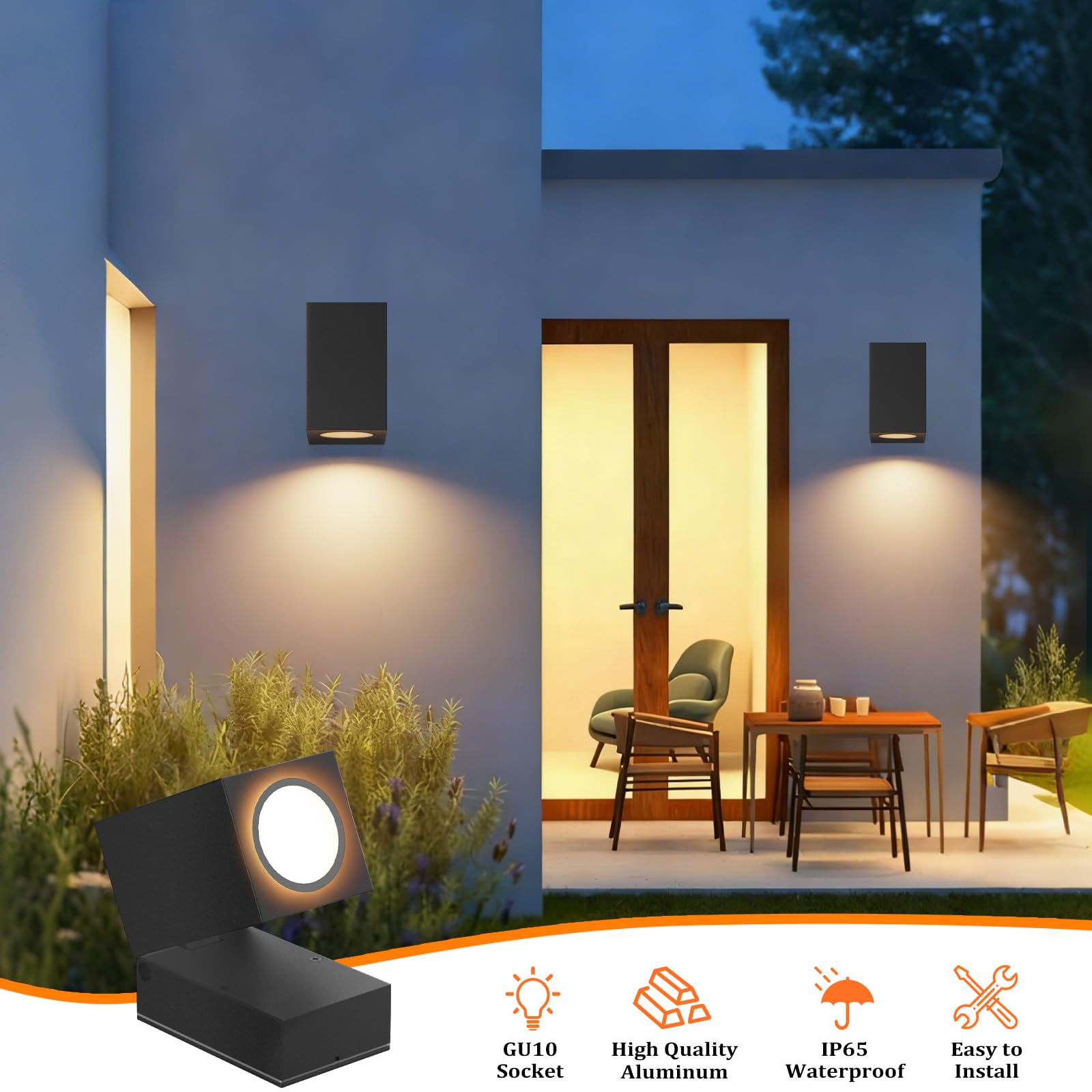Aipsun 2 Stück Außenlampe Aussenleuchte Wand,IP65 Wasserdicht Außenwandleuchte Außenleuchte Aluminium Wandleuchten GU10/90 Grad drehbar Außen/Innen, GU10 Fassung ohne Leuchtmittel,Schwarz