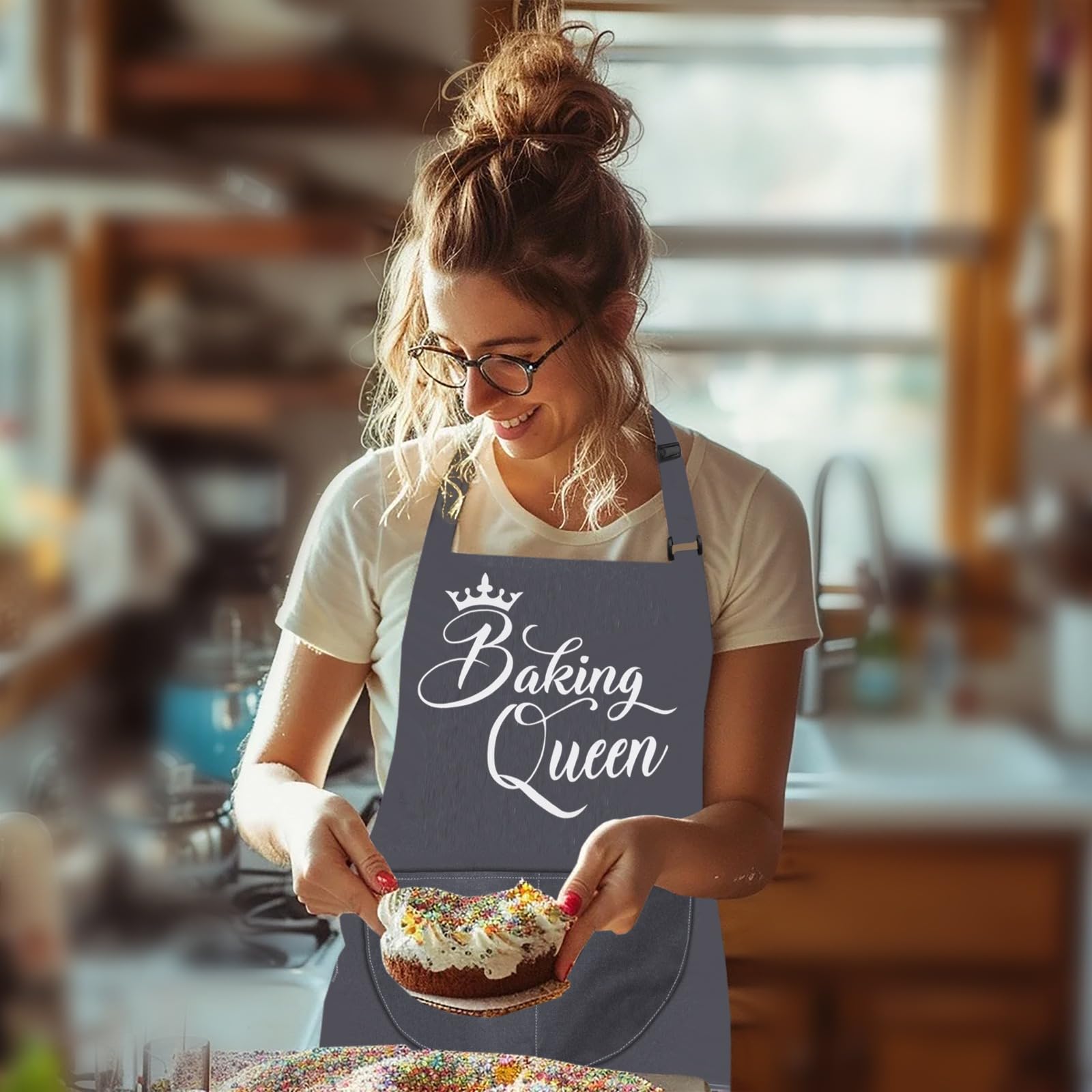 LINEN CLOSET® Baking Aprons for Women Baker Aprons for Men Funny Baking Gifts for Bakers Wife Husband Mother Daughter Kitchen Apron with Pockets- baking queen apron - Image 4