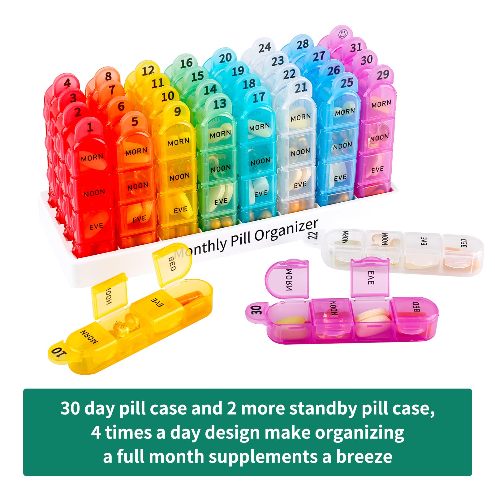 Daviky Pilulier mensuel 4 fois par jour, pilulier de 30 jours avec pilulier quotidien, pilulier d'un mois, pilulier de 31 jours pour contenir des suppléments et des médicaments
