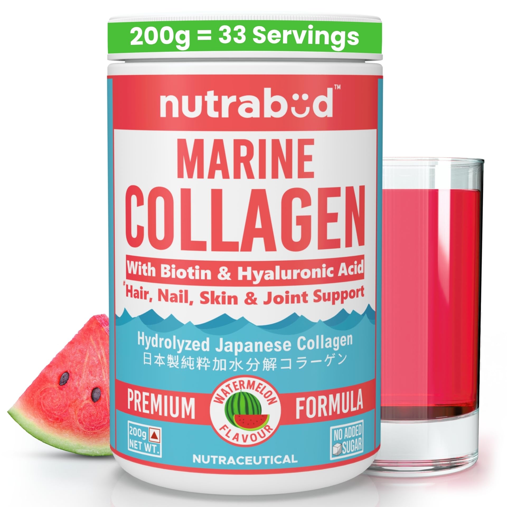 Nutrabud Japanese Marine Collagen Powder Supplement for Women,Men|No Added Sugar|Supports Skin Radiance,Healthy Hair,Nails & Joints|Hydrolyzed Collagen Peptides (Watermelon,200 grams)
