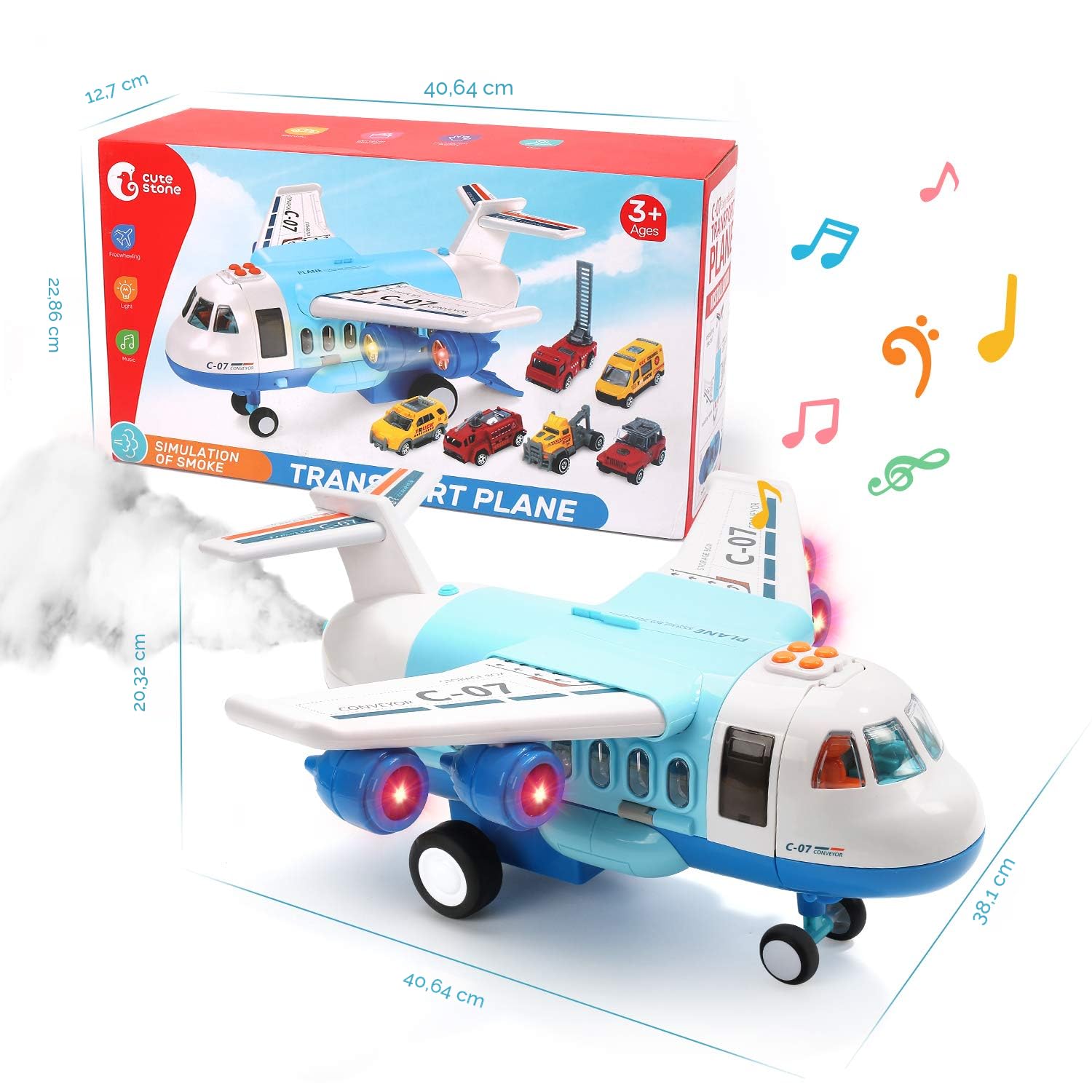 Avion Cargo Avec Fumée, Lumière Et Son – 40 Cm, 6 Camions De Construction, Panneaux – Cadeau Enfant 3-6 Ans – Friction