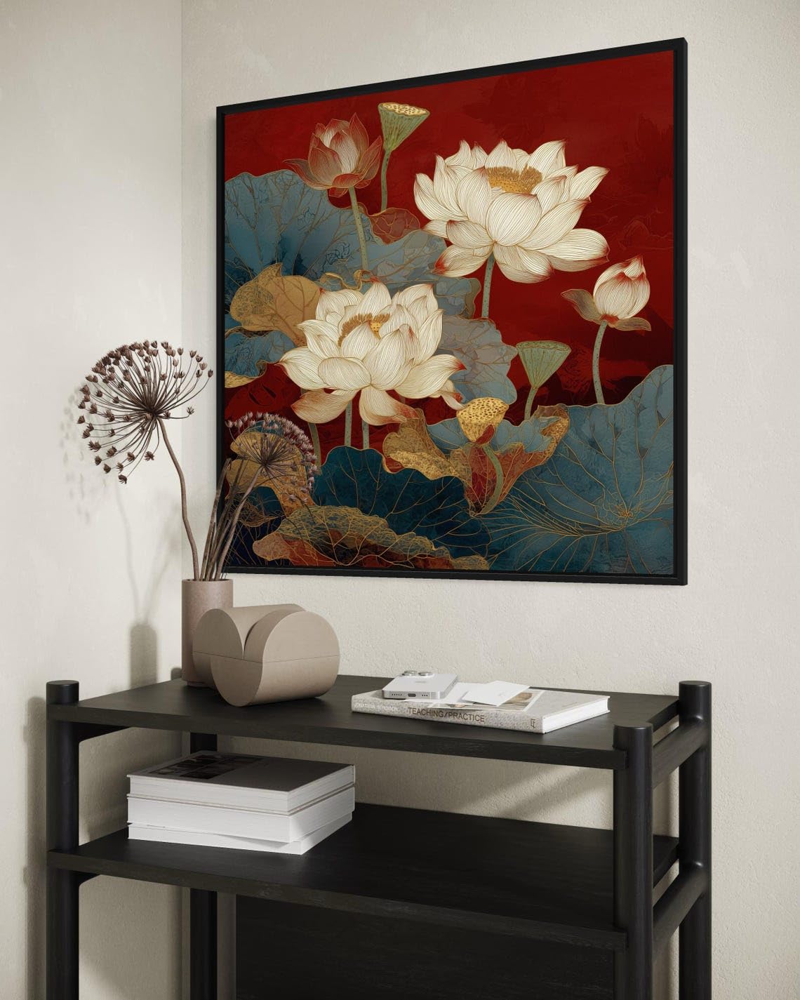 CAOXTART Cuadro de pared con diseño de flor de loto roja: lámina botánica vintage, pintura floral oriental sobre lienzo, obra de arte zen japonesa (80x80 cm/sin marco).