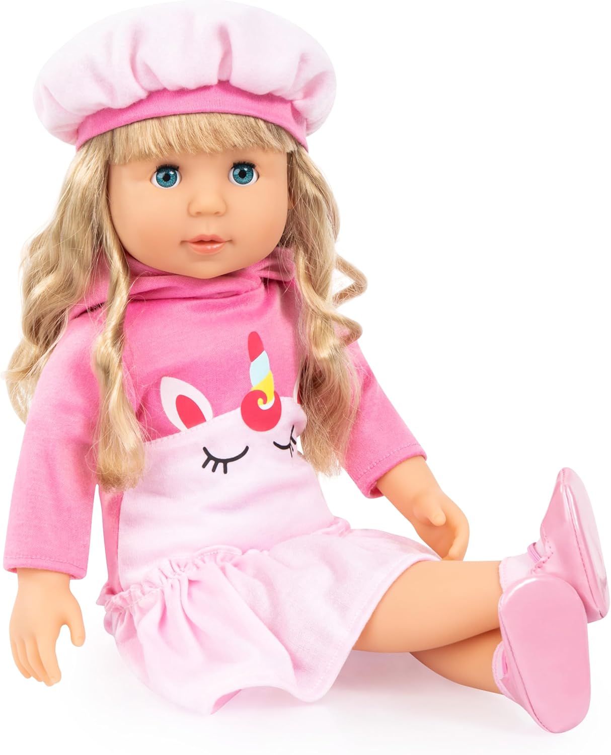 Bayer Design: Charlene 18" Doll: Interactive Sounds - Kiss & Laugh - Pink Unicorn Outfit, Long Curly Blonde Hair, Storage Suitcase-Accessories, Kid 3+