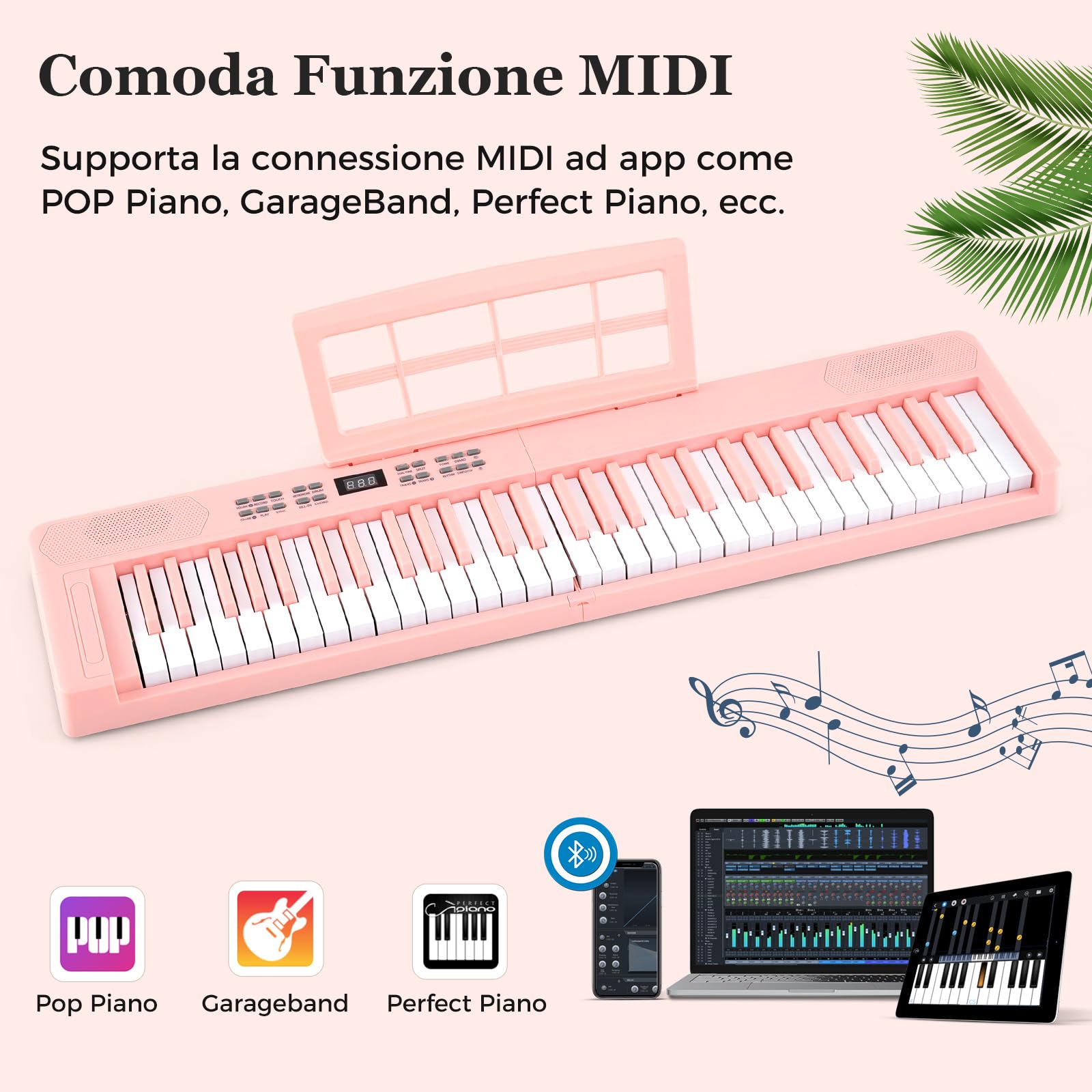 COSTWAY Tastiera Pianoforte Pieghevole a 61 Tasti, Tastiera Elettronica con Funzione MIDI, Cuffie, Pedale Sustain, Pianoforte Digitale Portatile per Principianti (Rosa)