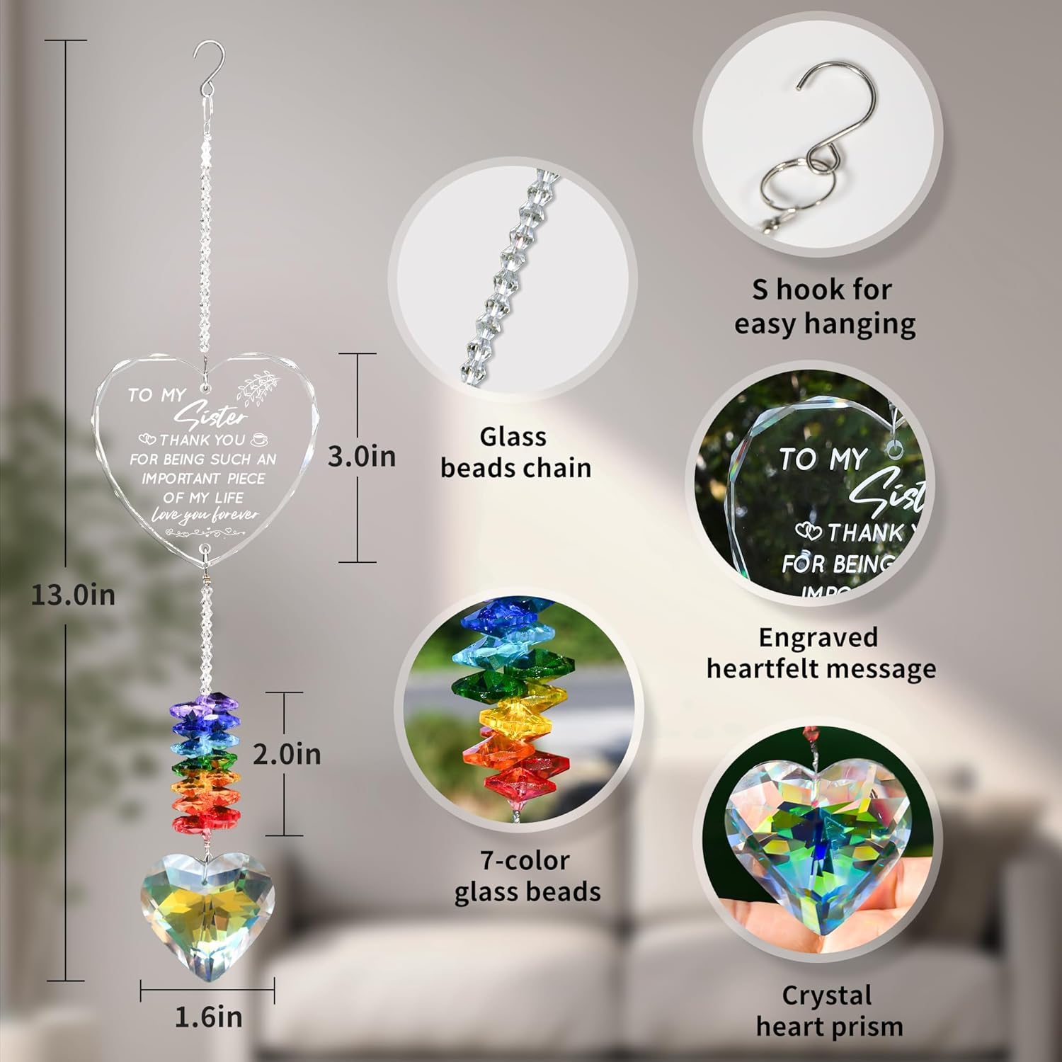 Suncatcher Gifts for Sister, Personalized Crystal Heart Ornaments Hanging for Windows, Cool Garden Gifts for Sister Birthday - Image 6