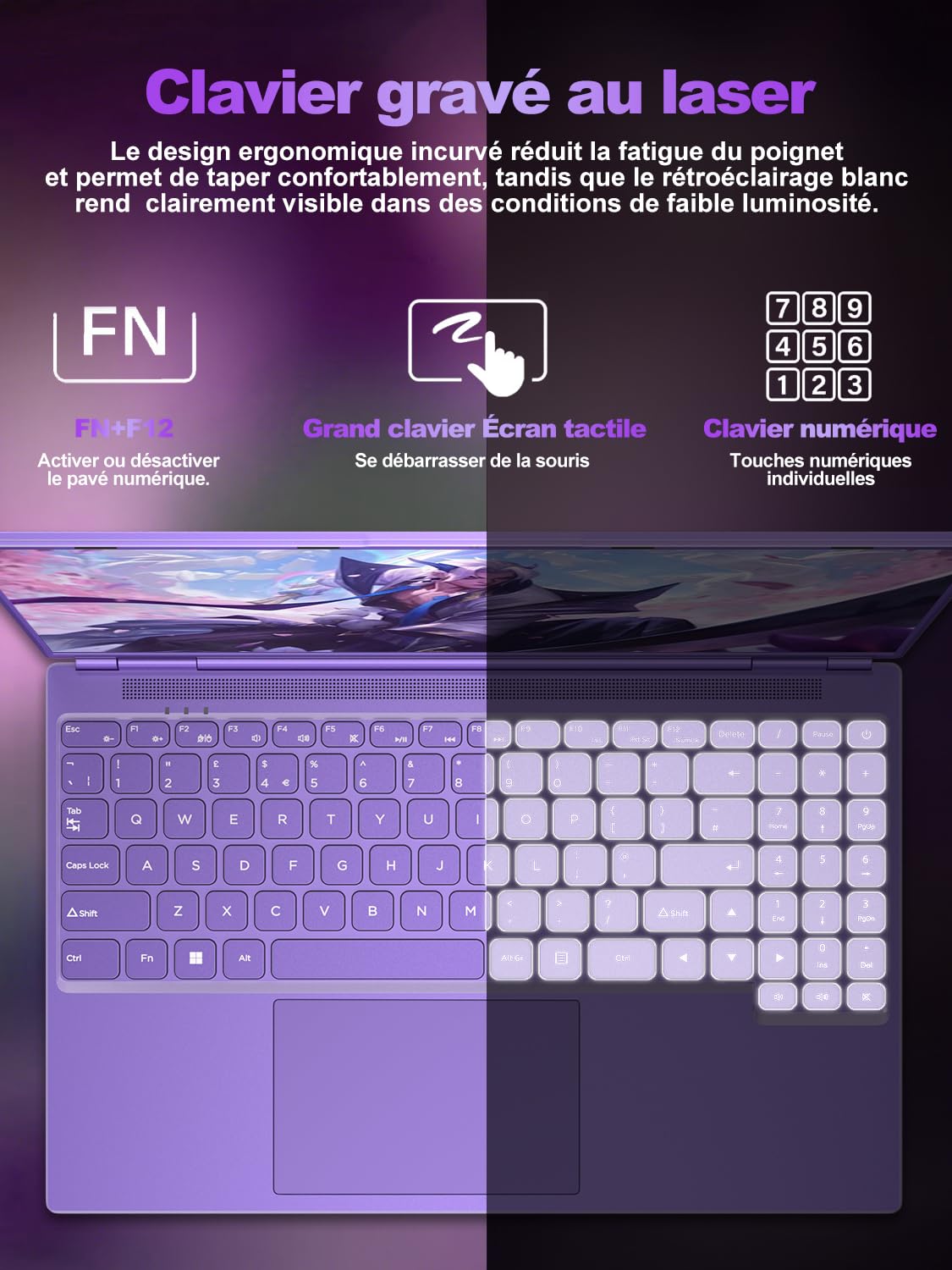 NOTODD Ordinateur Portable 16 Pouces, 4 cœurs Celeron N5095 (jusqu'à 2,9 GHz) 12+512GB SSD Soutien Extension 1TB,PC Portable Gamer Win11 avec 5G WiFi 1920x1200 BT4.2 AZERTY Clavier Couverture-Violet