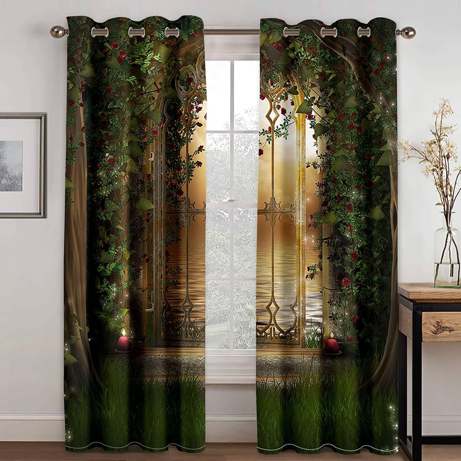 Thermovorhang Kälteschutz, 132x274cm Grün Braun Fantasiebäume Tür und See Sommer Vorhang Blickdicht mit Ösen Thermovorhang Kälteschutz Vorhänge Wohnzimmer Schlafzimmer Wärmeisolierend