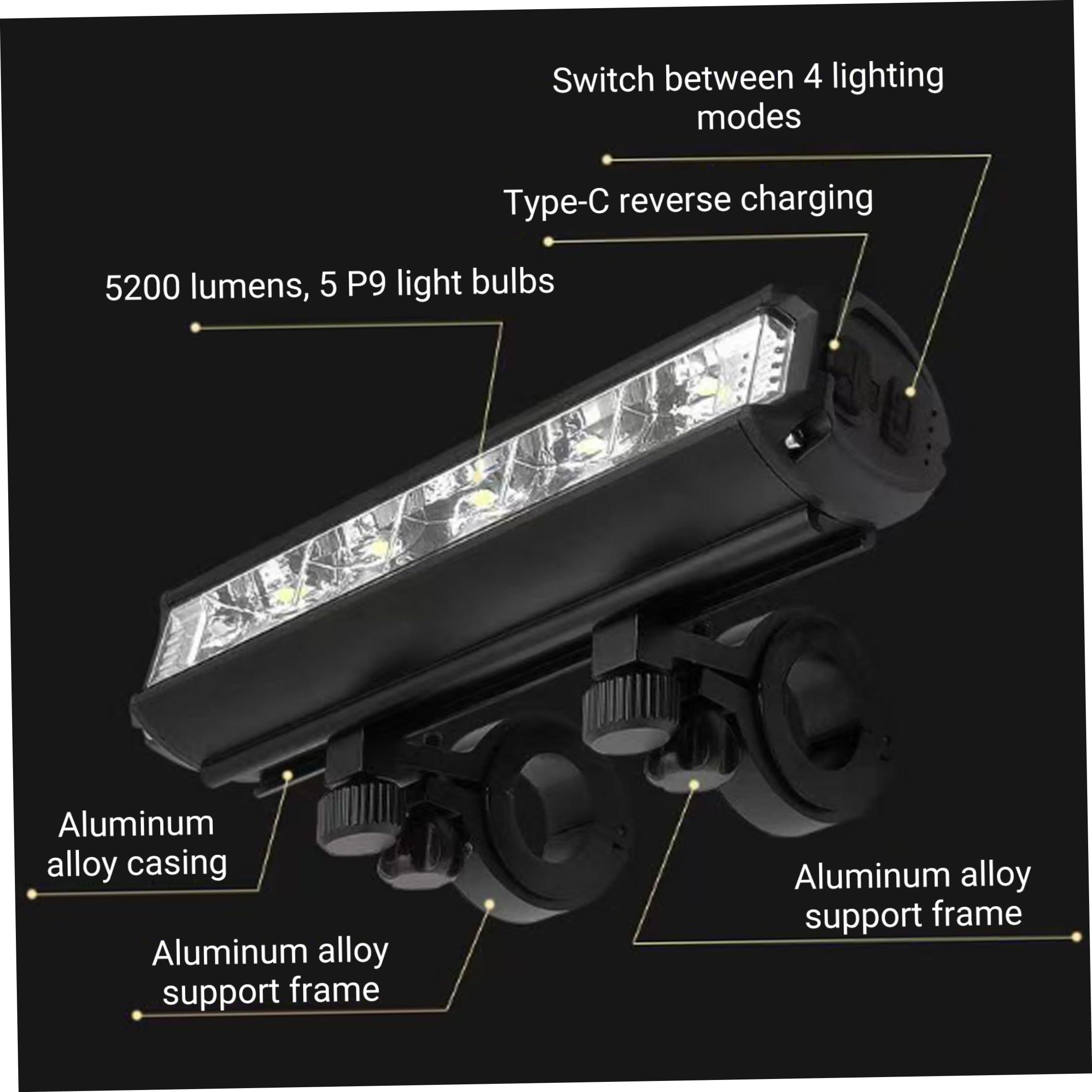 Barre Lumineuse | Éclairage de vélo Avant, Phare de vélo Rechargeable, Avant – Barre en Alliage d'aluminium 20 000 lumens avec Charge inversée 10 000 mAh, Accessoires pour la Conduite Nuit