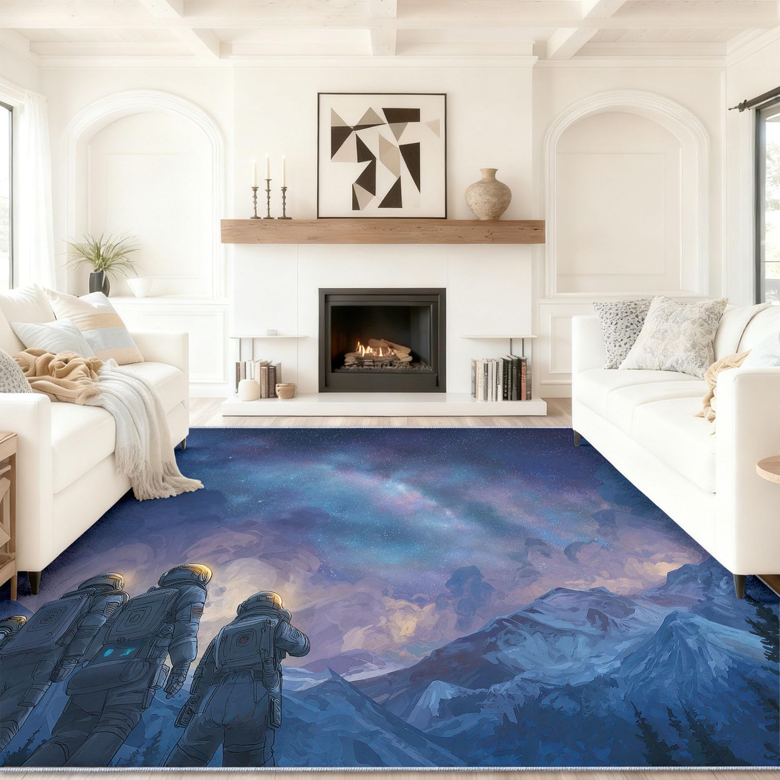 140 x 200 cm, fajny dywan SciFi, nadaje się do prania, fioletowy, miękki, z krótkim włosiem, antypoślizgowy, z motywem gór, wszechświata, gwiaździstego nieba, astronauty, do sypialni, jadalni