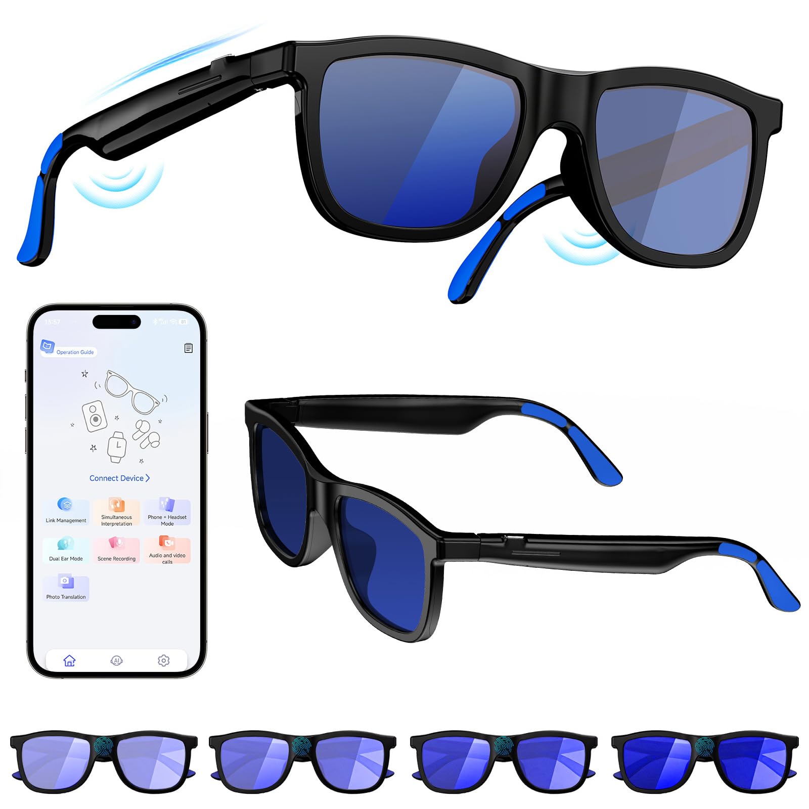 Smart Glasses for Men Women | Bluetooth Electrochromic Glasses with 4-Gear Active Touch Control, 0.5S Fast Tint, Anti-Slip Temples, AI Translation, Ideal for Driving, Sports, Travel (Blue)-image-37