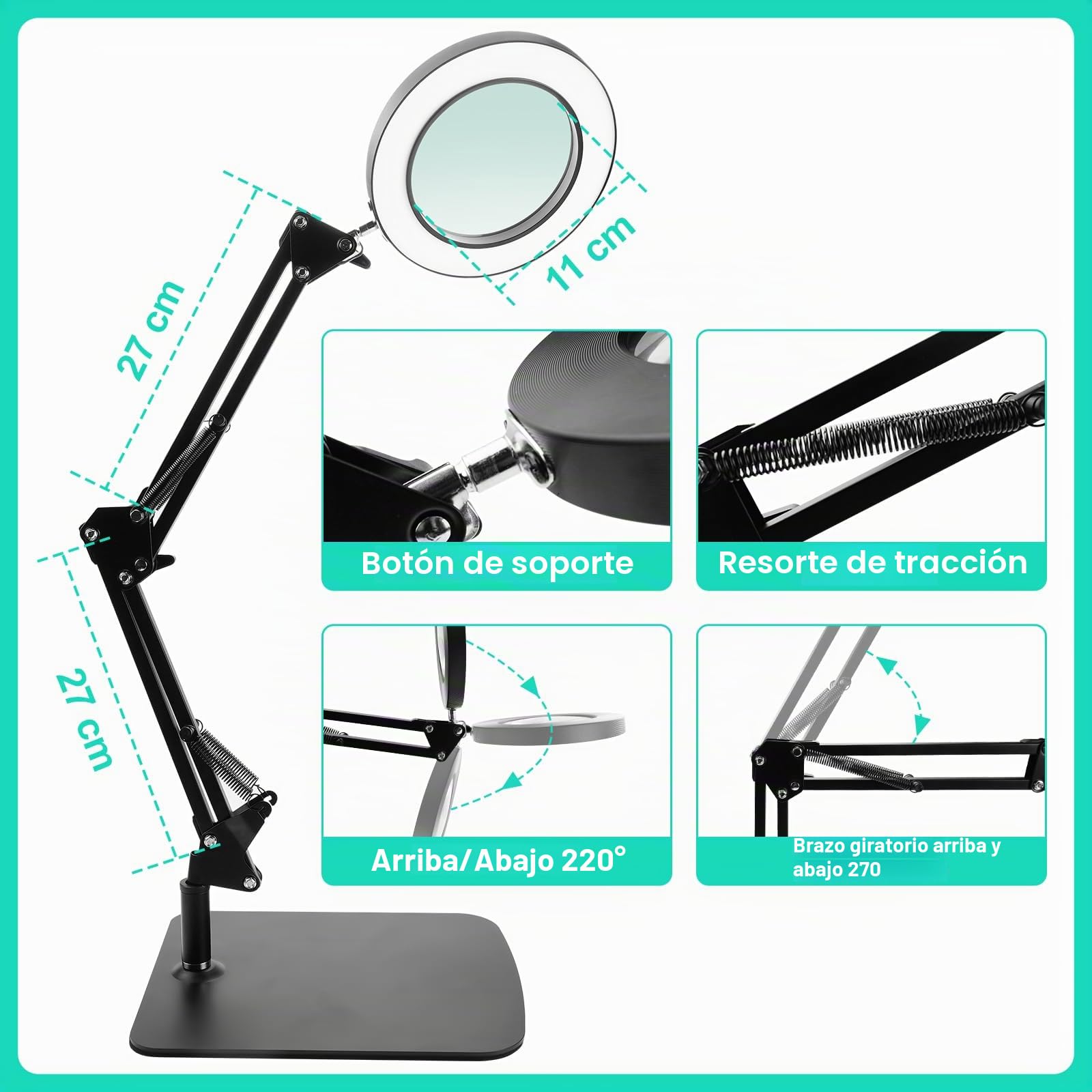 Lupa de 15 aumentos con luz, lámpara de escritorio LED con base y clip, luz de lupa LED con 3 modos de color, regulable, para reparaciones de bricolaje, macro, dibujo y lectura