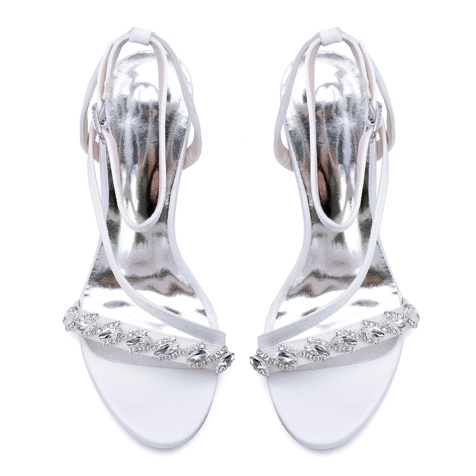 Sandali da Sposa Eleganti, Tacco Alto a Blocco Scarpe da Sposa da Donna, Cinturino alla Caviglia, Decorazioni in Cristallo, Avorio/Bianco