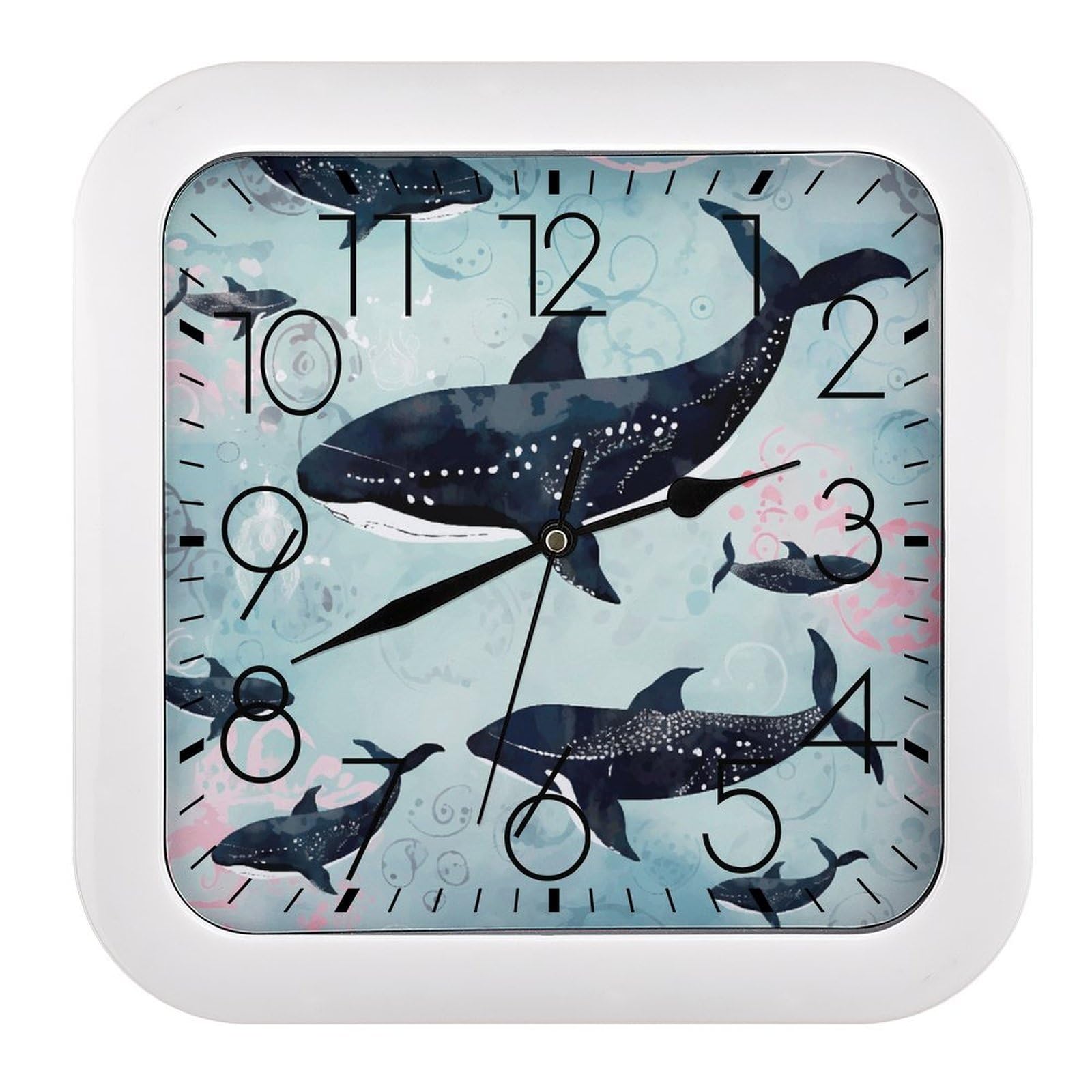 MUSM 10.2 X 10.2 Inch Modern Whale Wall Clock Battery Operated High Accuracy Decorative Square Clocks for Kitchen Bedroom Living Room Home Office Porch