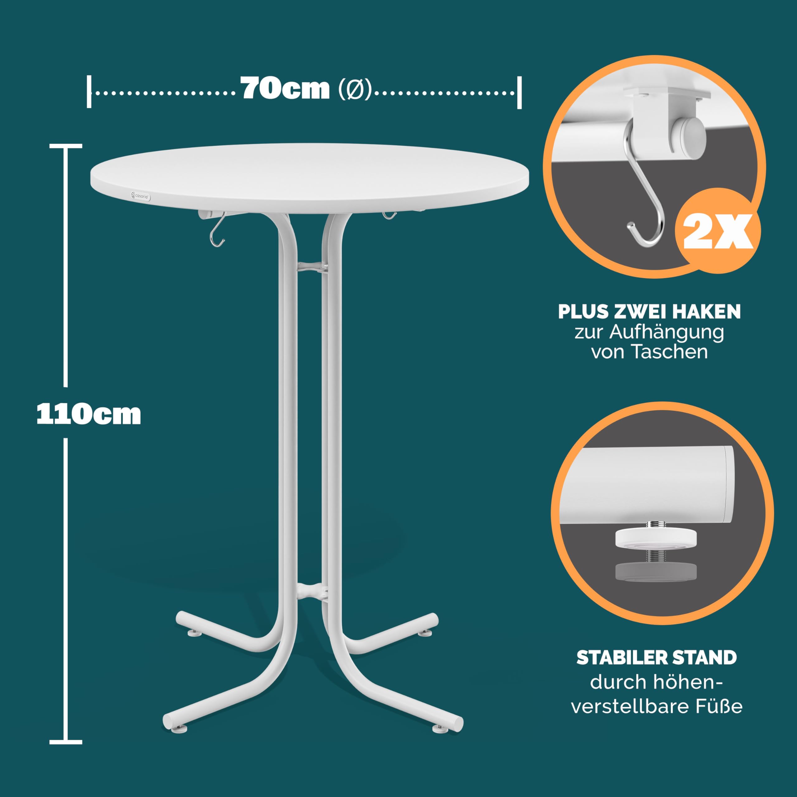 Casaria® Stehtisch mit Husse 70 cm Klappbar Weiß Rund Holz Metall Pulverbeschichtet Wetterfest Hoch Set Bistrotisch Bartisch Garten Hochzeit Tisch