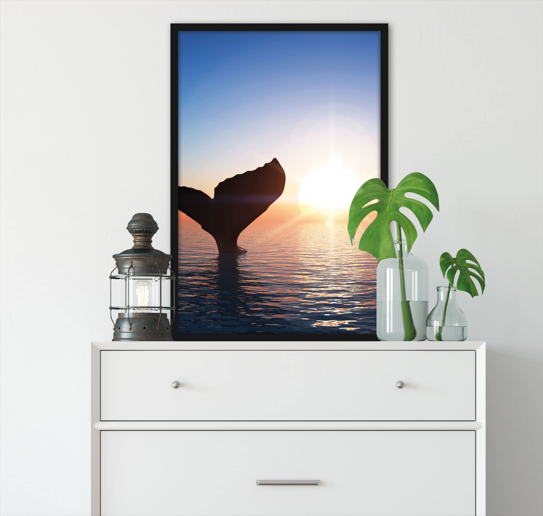 Pinna balena al tramonto, poster in cornice, formato: 80 x 60 cm, stampa artistica incorniciata