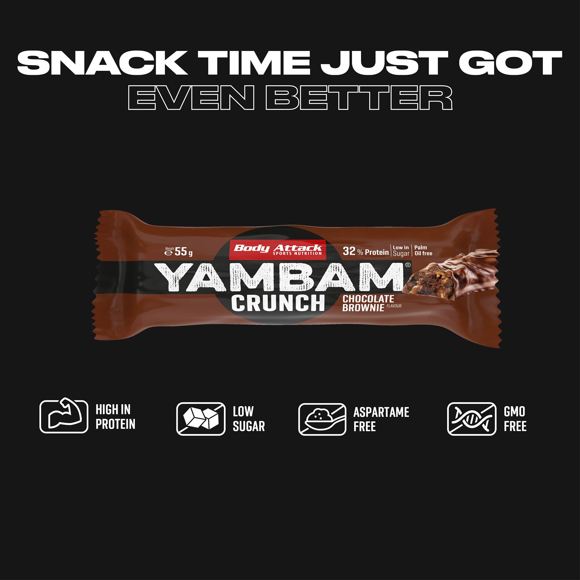 Body Attack Nutrition - Barretta Di Yambam Crunch In Lattina (15x55g) - Barrette proteiche - Barrette a basso contenuto di zucchero - Brownie