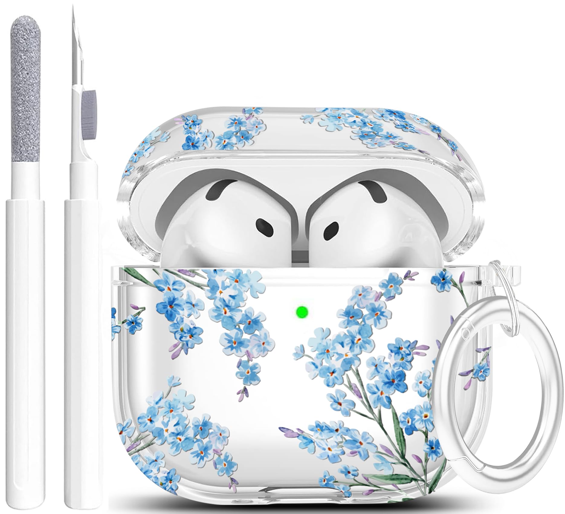 Case for AirPods 4 - Wonjury Clear Case Cover Floral Print Skin Women Girls Keychain Cleaner Tool for Apple Airpods 4th 2024 - Flower Blue
