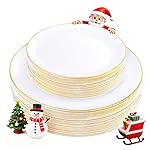 KIRE 60PCS Gold Plastic Plates - Thanksgiving Heavy Duty White Disposable Plates with Gold Rim for Party/Wedding- Include 30Pieces 10.25inch Dinner Plate and 30Pcs 7.5inch Dessert Plate