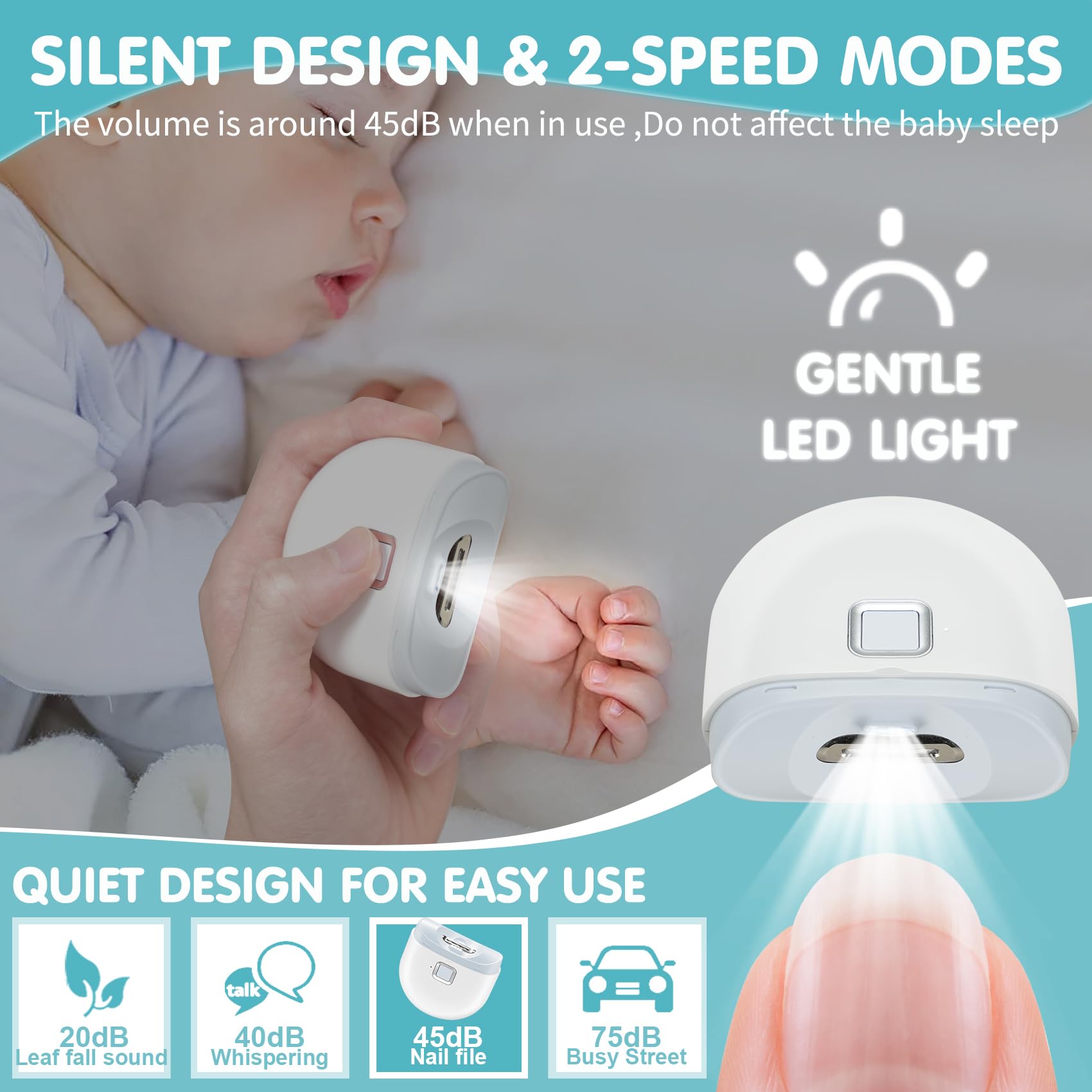 Automatic Nail Clipper, Electric Baby Nail Trimmer with Light, 2 Speeds Mode, Low Volume, Nail Clip Storage, USB Rechargeable Electric Nail File for Kids