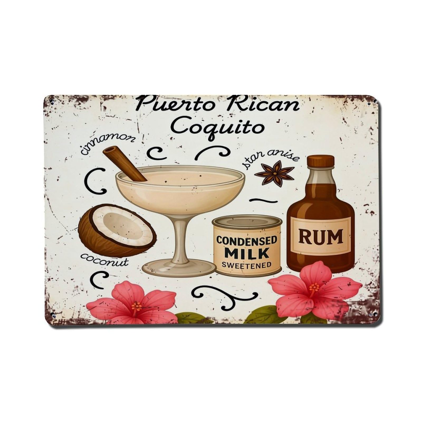 Puerto Rican Coquito Cocktail Recipe Retro Metal Tin Sign, Vintage Decor Art Poster for Bar, Home, Man Cave, Kitchen, Laundry Room Gift 8x12Inch