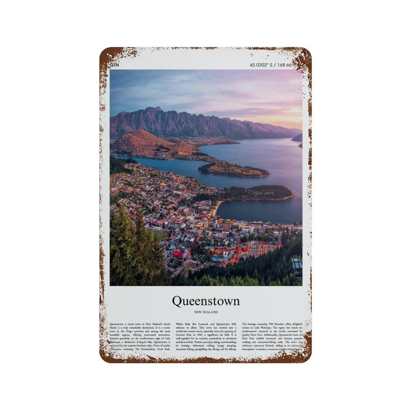 xiaoxiaoshen Queenstown New Zealand City Scenery Wall Decor Art Metal Tin Poster Modern Home Decor Art Home Bar Shop Decorations Vintage Sign 30x20cm