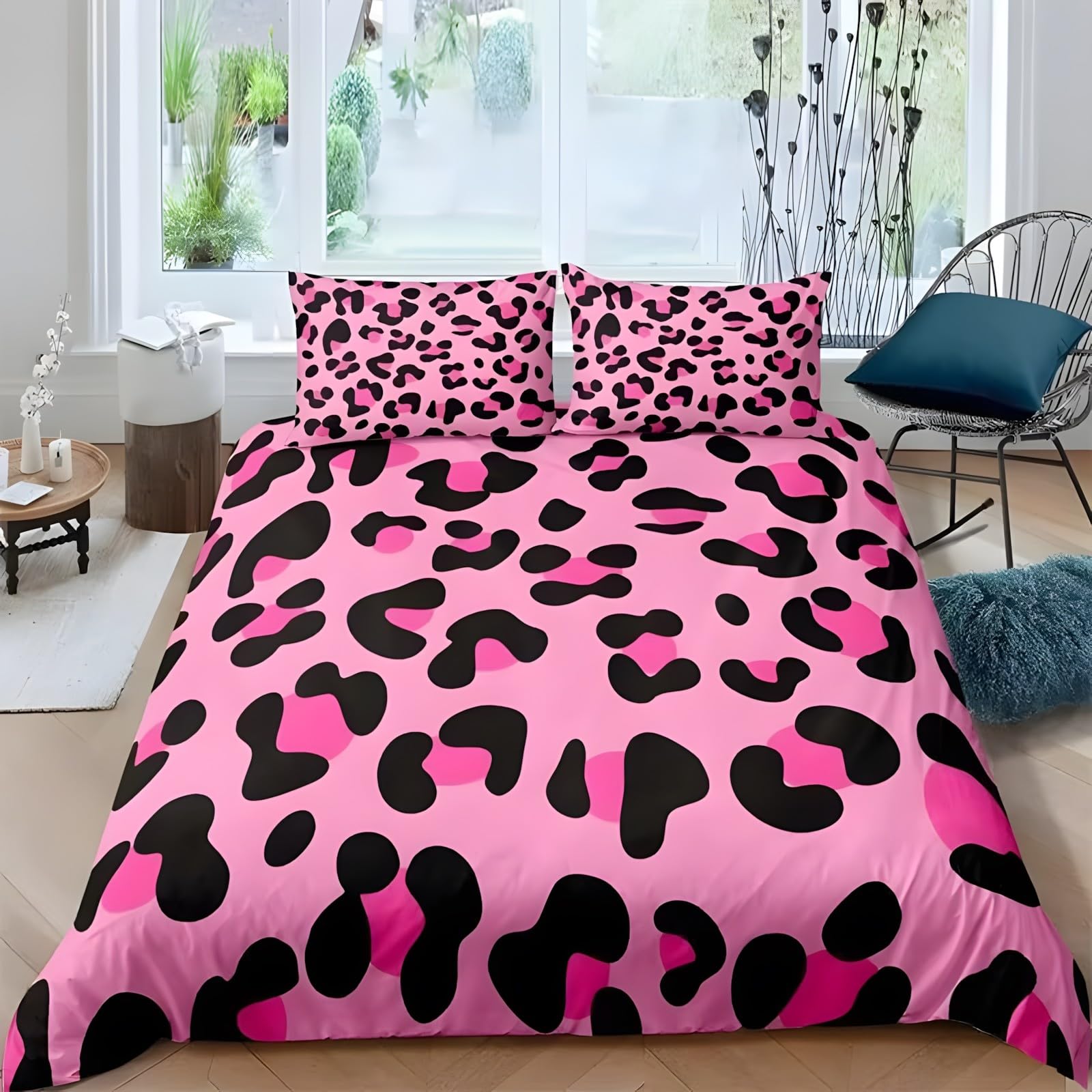 Parure de lit enfant léopard rose 90x190 : housse de couette avec fermeture éclair et 2 taies Ju56
