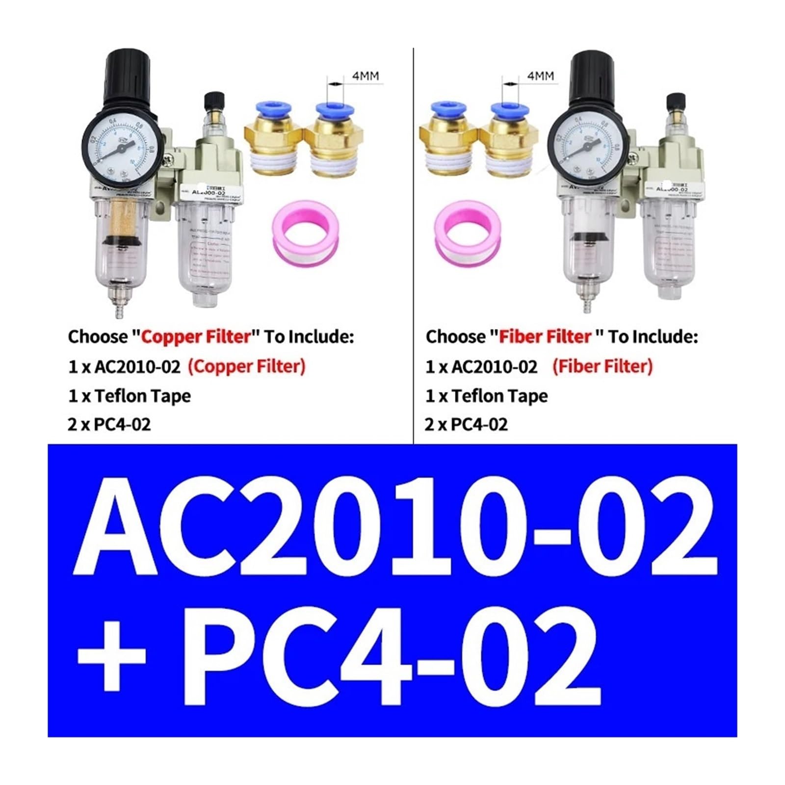 Metal AC2010-02 - Regulador de presión neumático, separador de agua y aceite, filtro de aire de drenaje manual (AC2010-02+PC4-02, filtro de fibra)